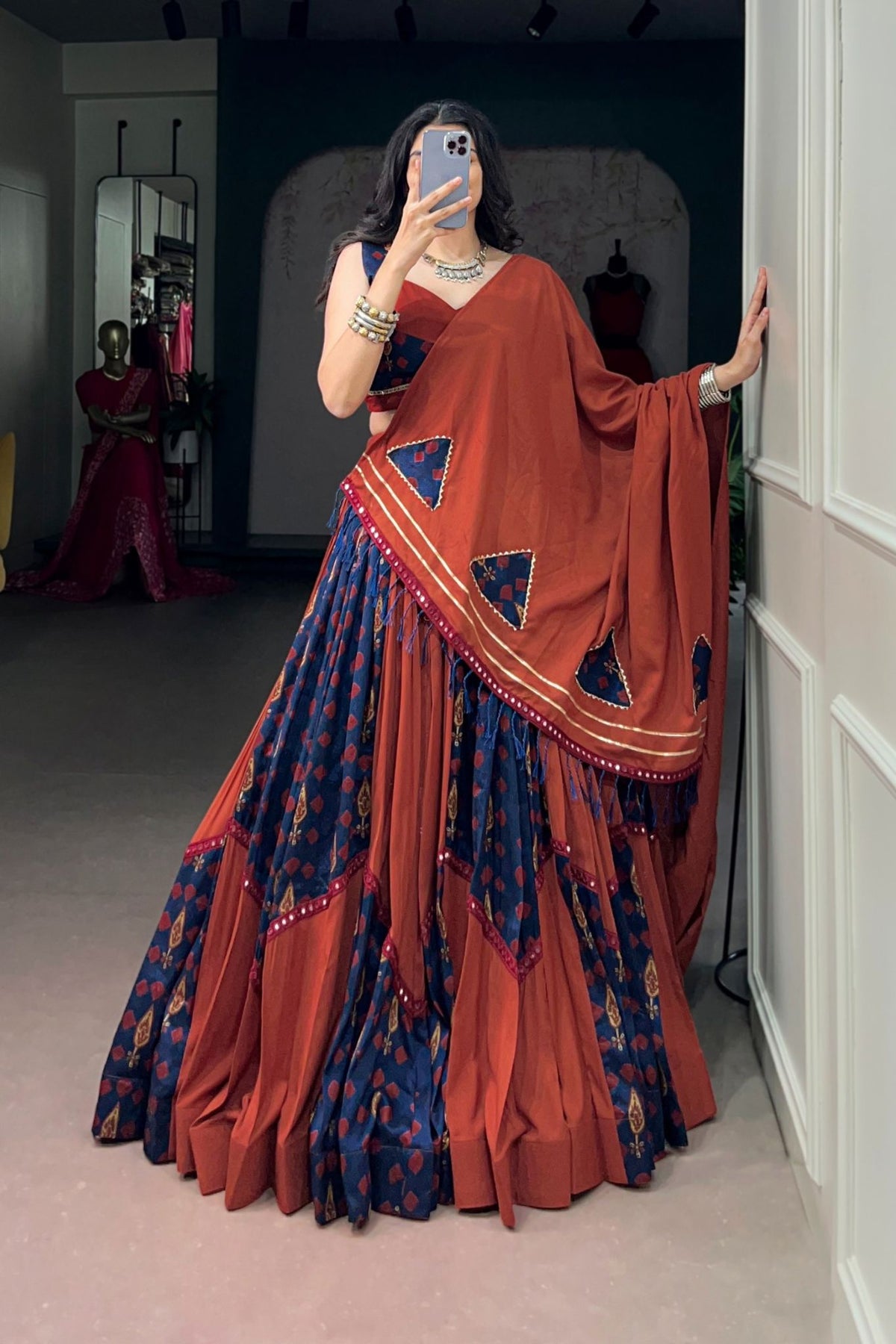 Rust Navy Navratri Designer Gamthi Mirror Work Lehenga Choli