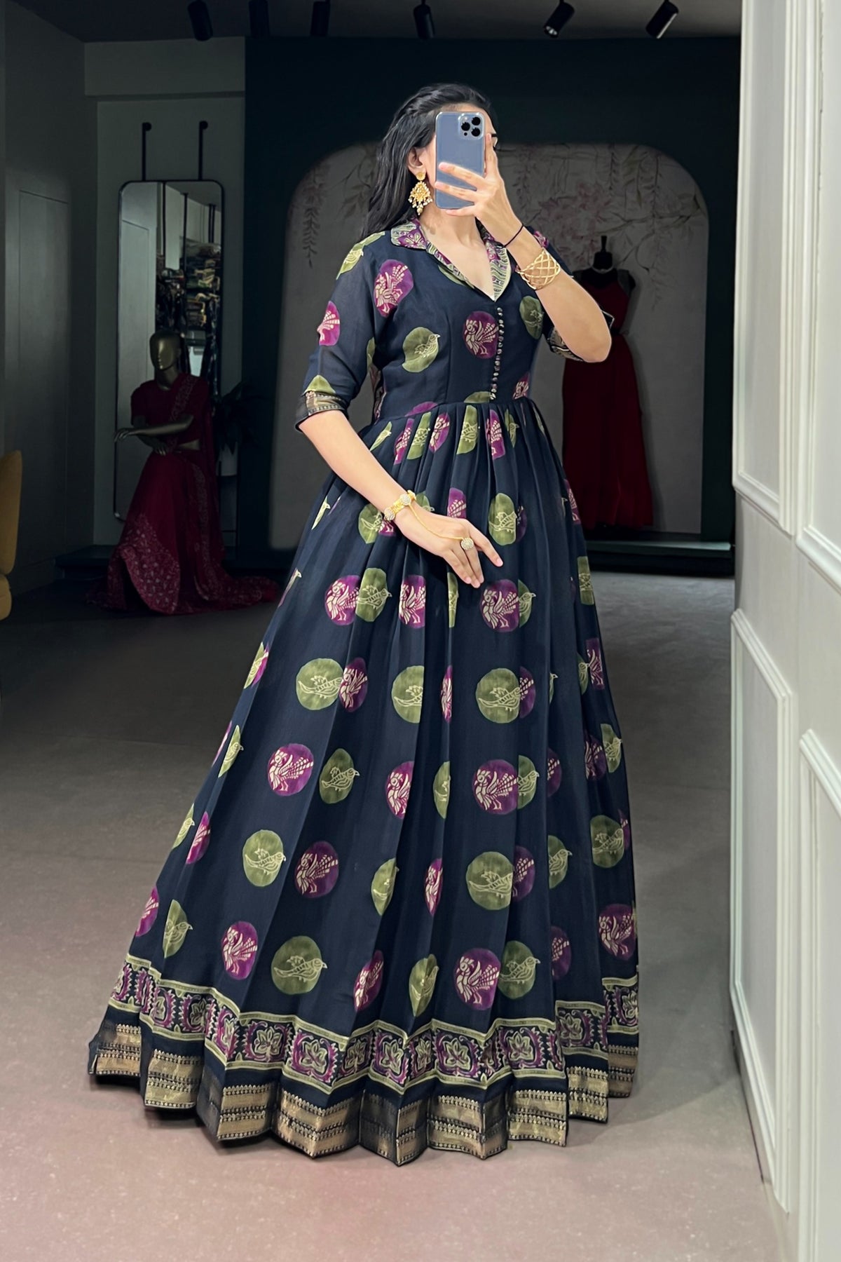 Designer Chanderi Printed Gown For Festive Wear