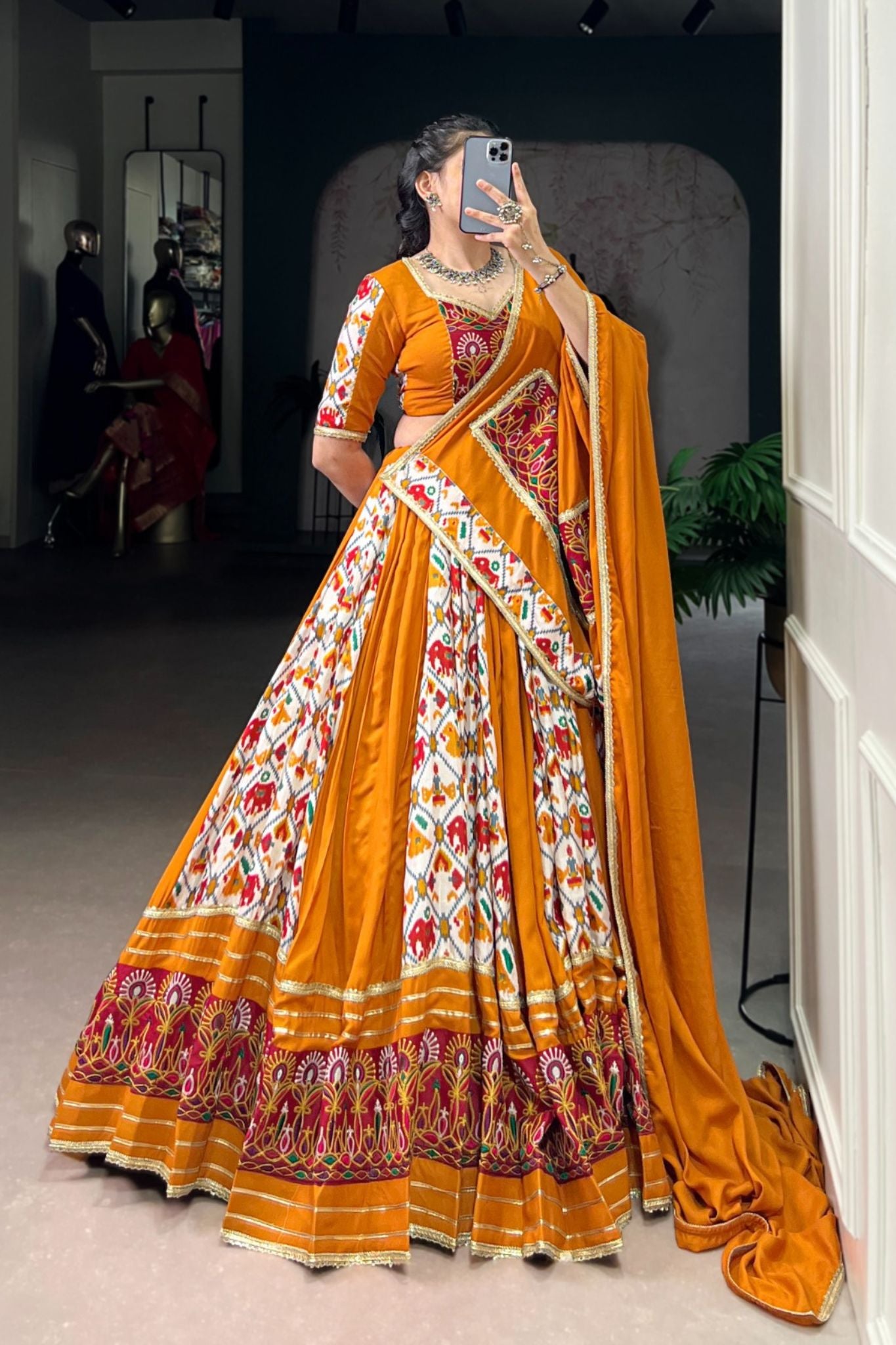 Mustard Rayon With Patola Print Silk Designer Gamthi Work Classic Lehenga Choli