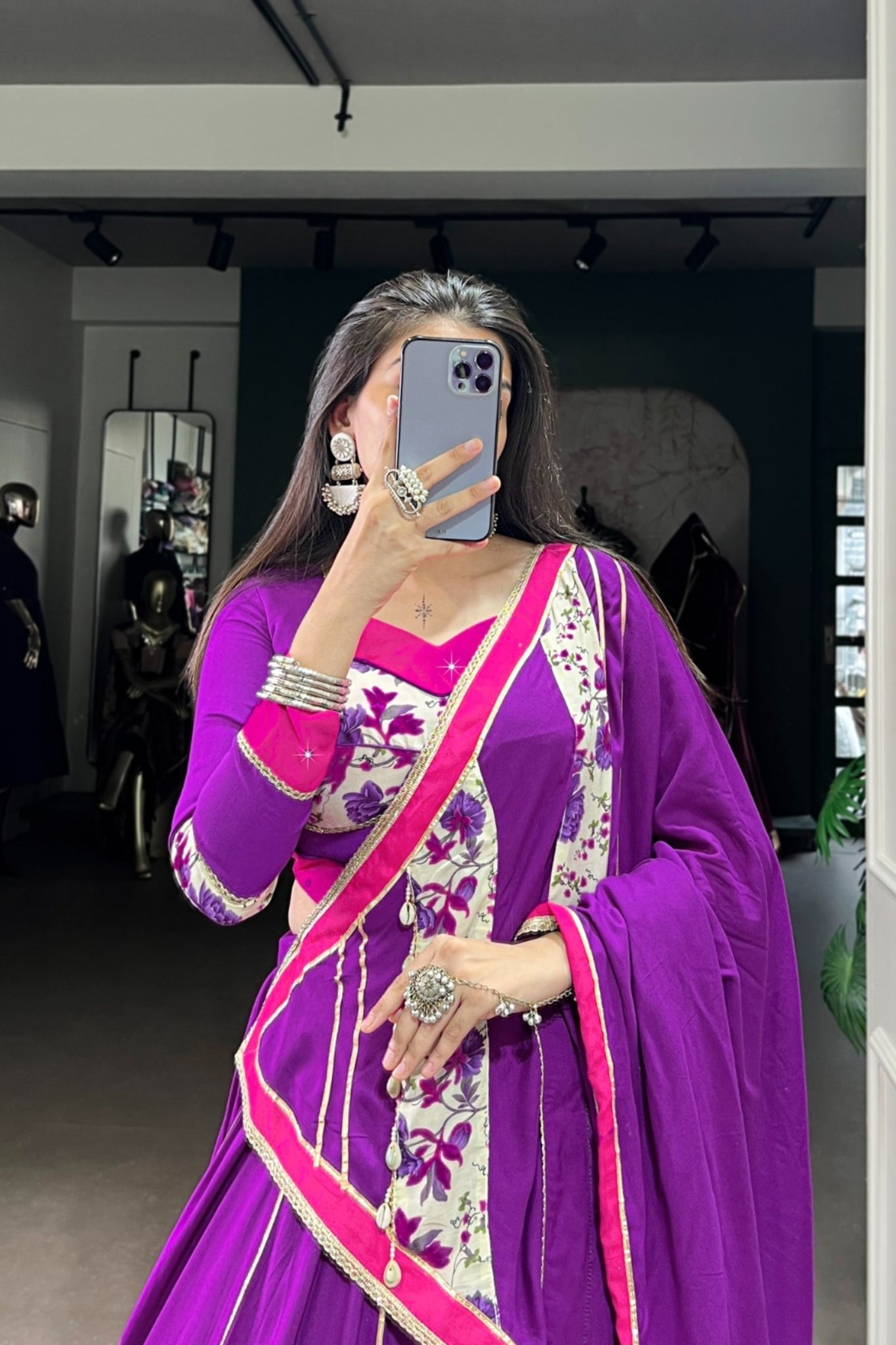 Purple Pure Rayon Printed With Original Mirror Hand Work Navratri Lehenga Choli