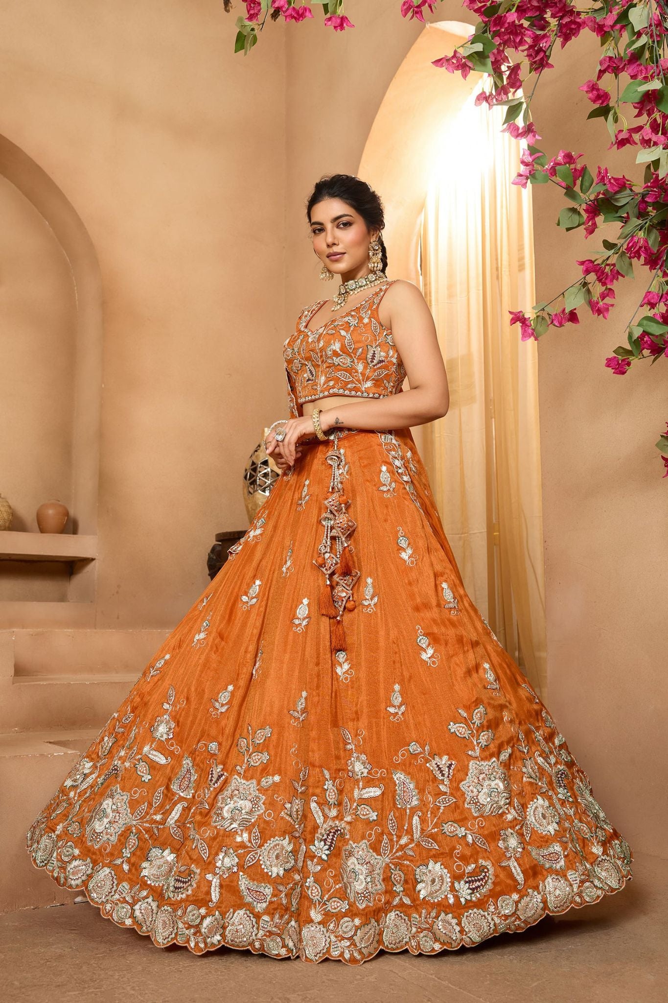 Rust Orange Pure Tissue Designer Lehenga Choli with Heavy Embroidery