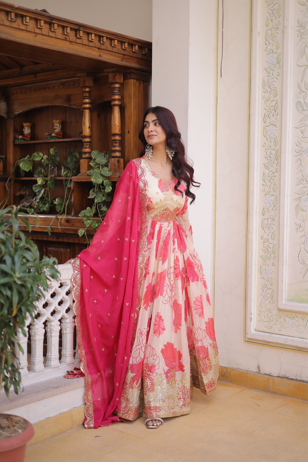 Designer Pink Floral Anarkali Gown with Dupatta Set