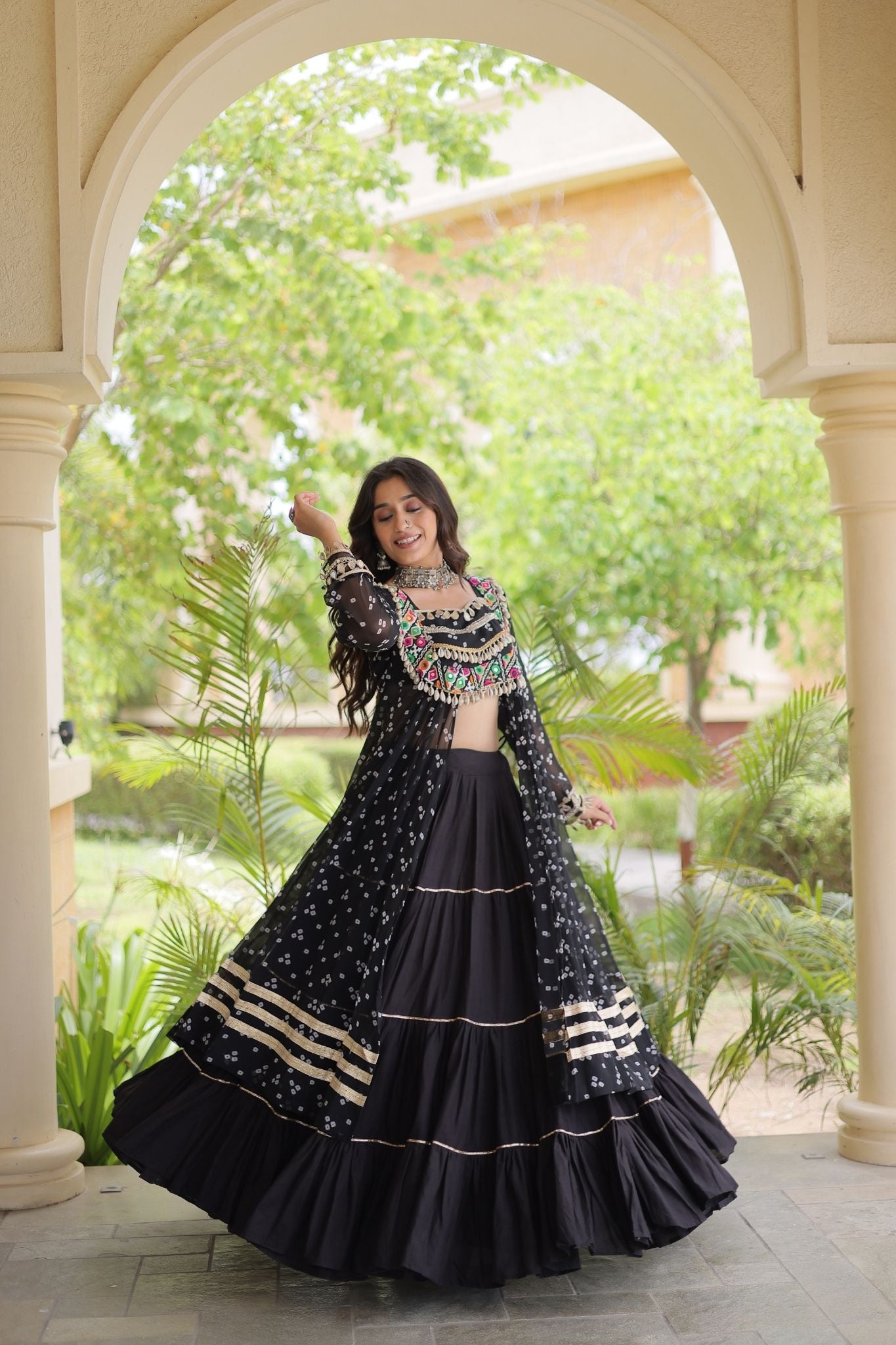 Raasrang Special Navratri Designer Kora Cotton Bandhani Print with Kutchi Patchwork Lehenga Choli