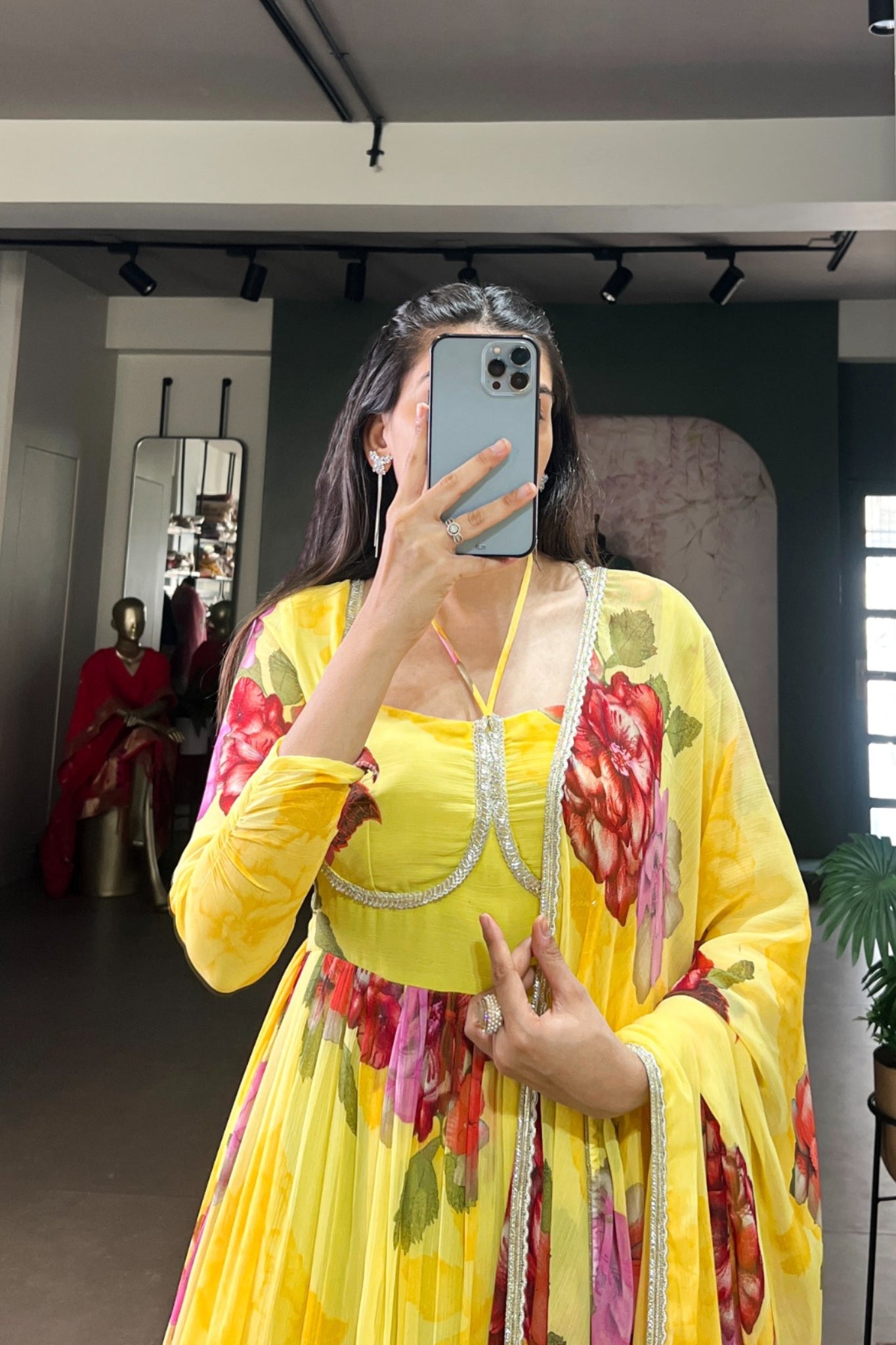 Premium Chiffon Floral Print Gown With Lace Detailing And Matching Dupatta