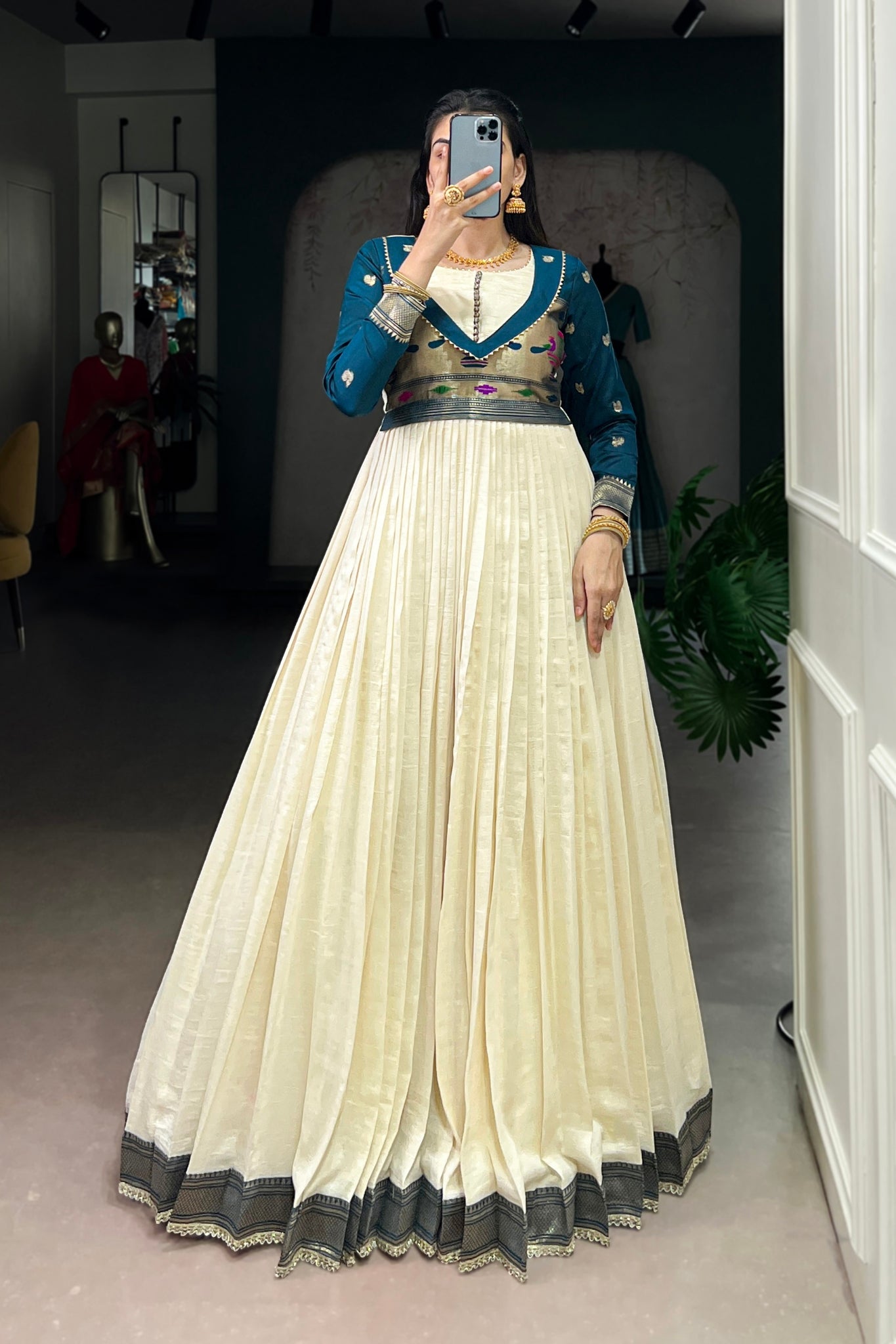 Off White Vichitra Silk Zari Woven Flared Dress With Lace Detailing