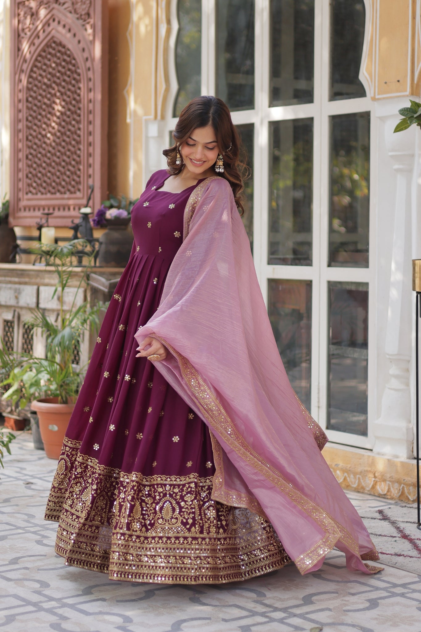 Plum Embroidered Georgette Anarkali Set