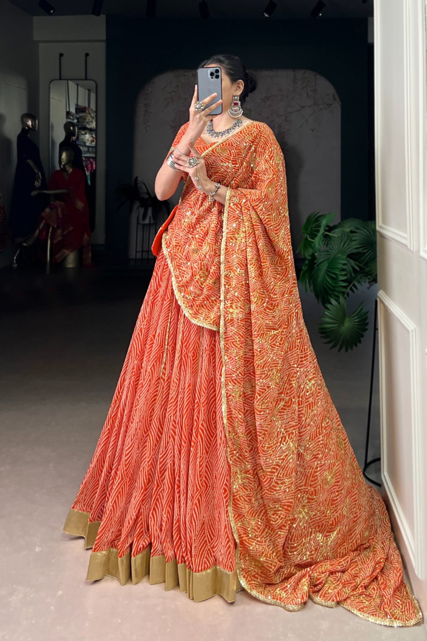 Vibrant Bandhej Print Designer Georgette With Mirror Work Lehenga Choli Set For Wedding And Navratri
