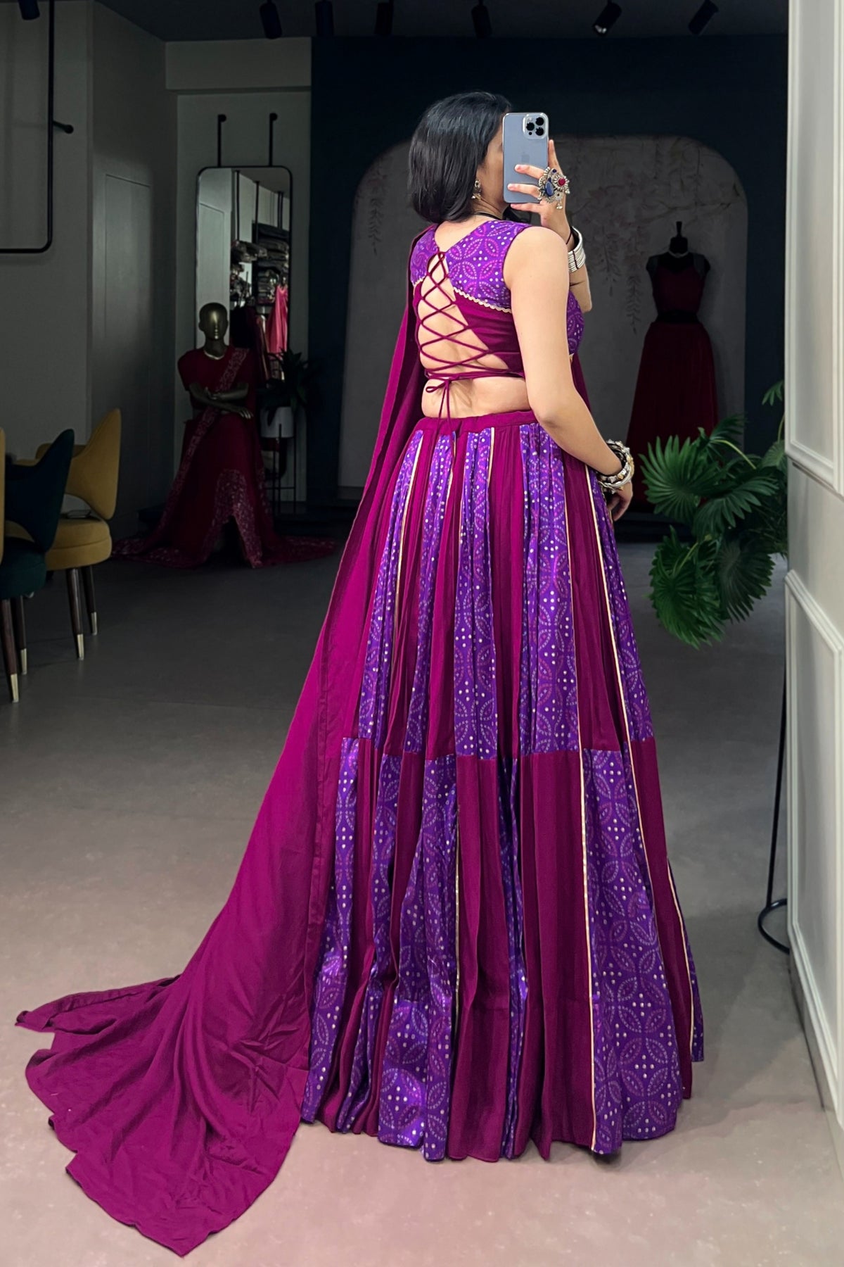 Tasar Silk Bandhej Print Panelled Lehenga With Gamthi Work Designer Lehenga Choli For Navratri
