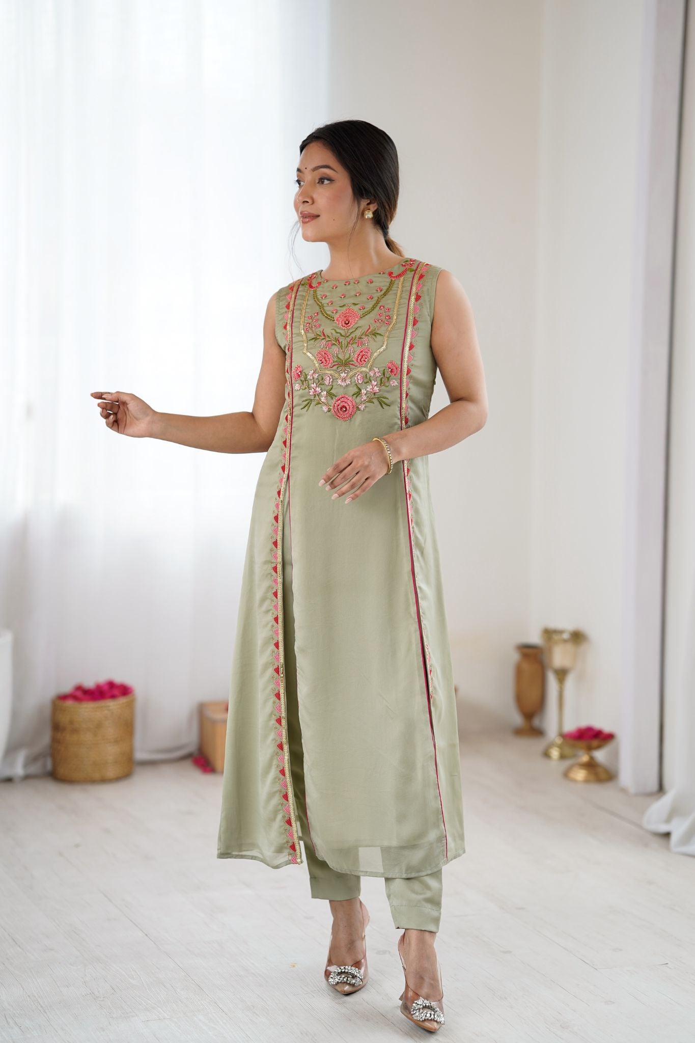 Sage Green Floral Embroidered Designer Kurta Pant Set For Women