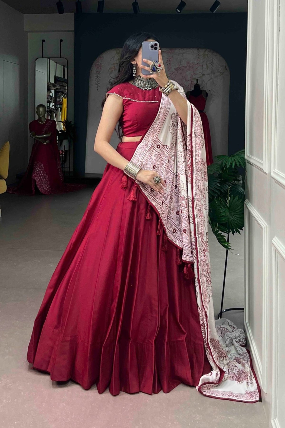 Designer Satin Silk Lehenga Choli With Floral Printed mirror Work Detailing Dupatta