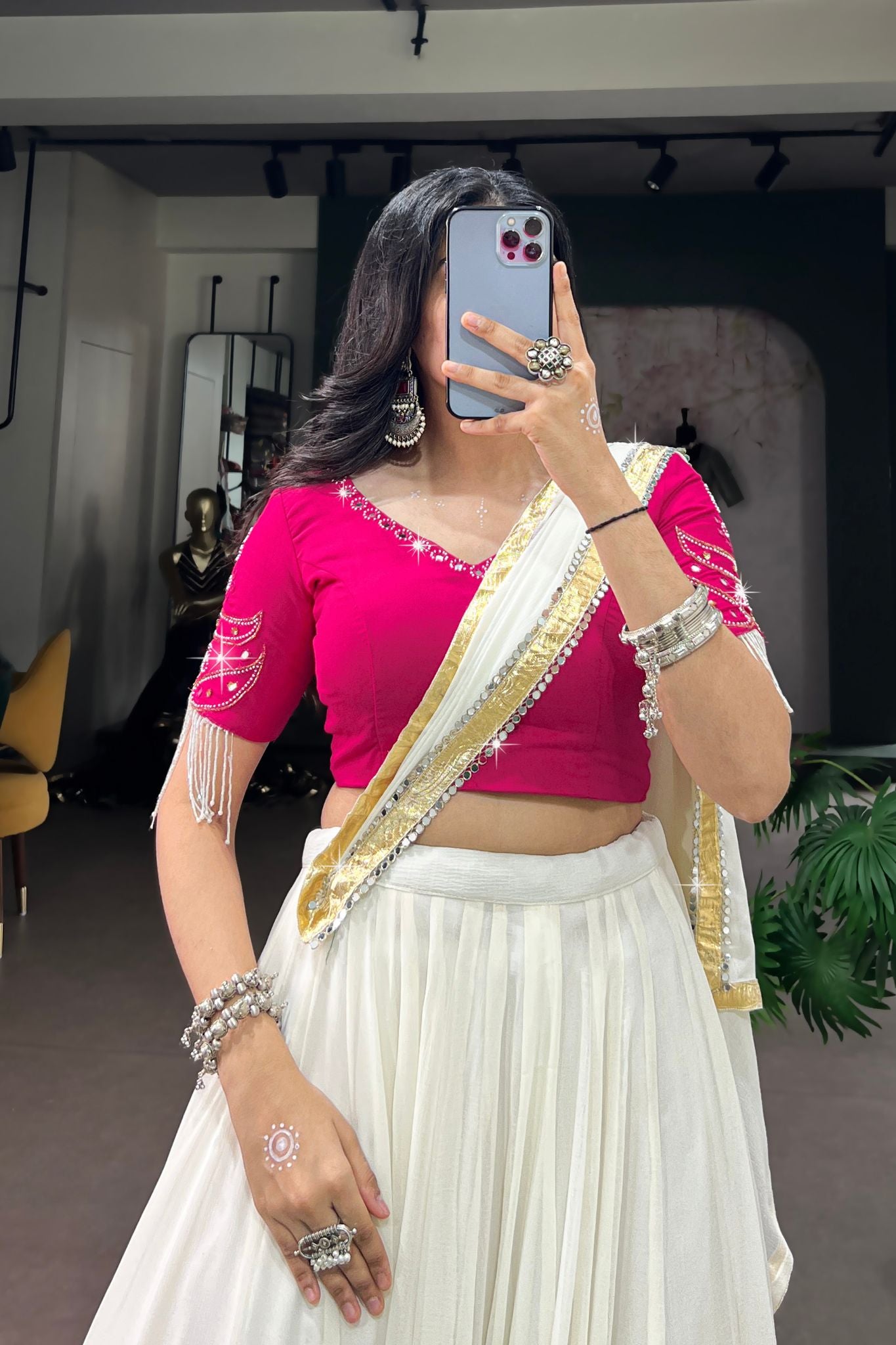 Raasrang Moonlight White Navratri Designer Lehenga Choli With Pink Blouse