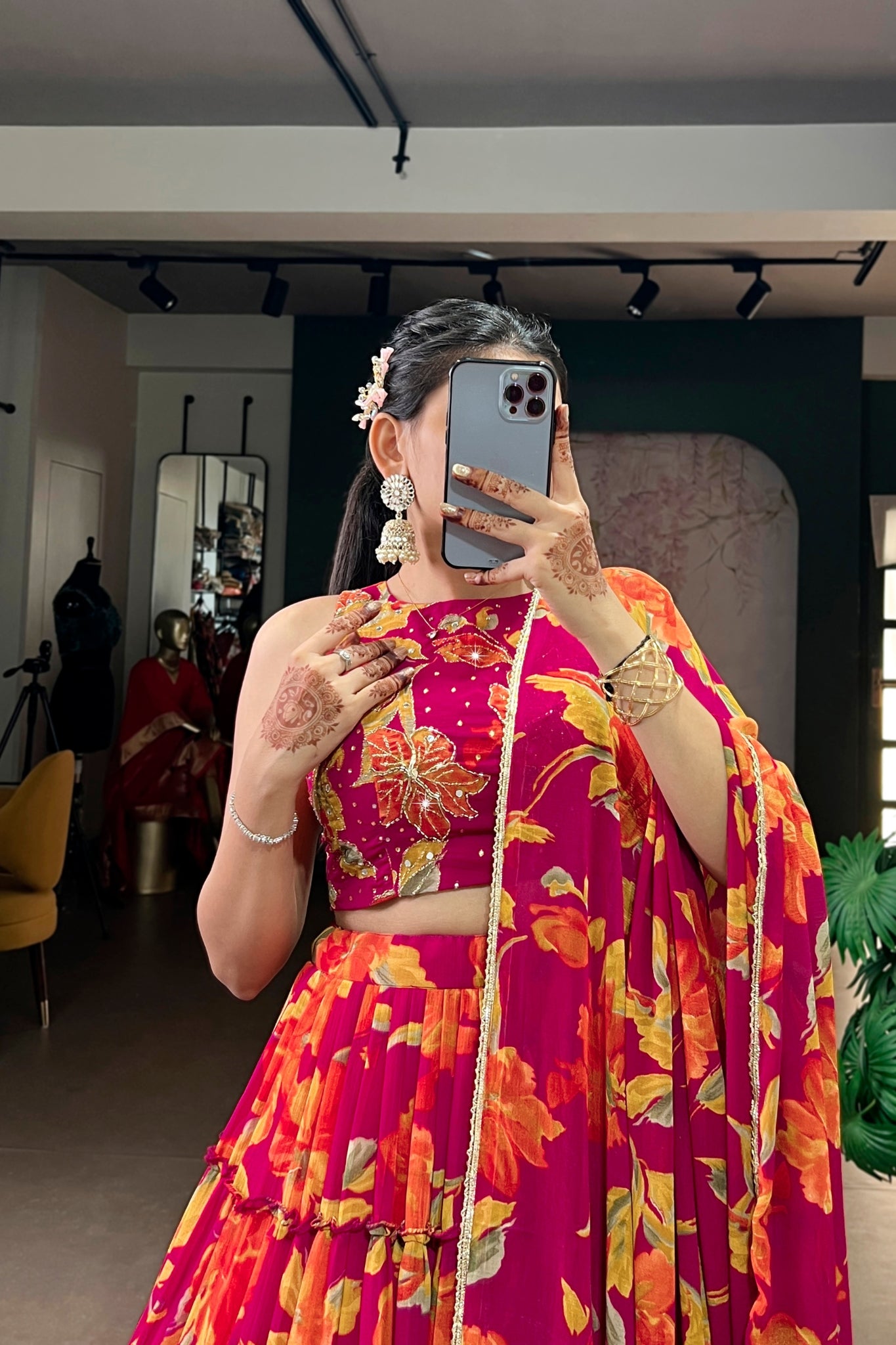 Floral Marble Print Lehenga Choli Set For Women