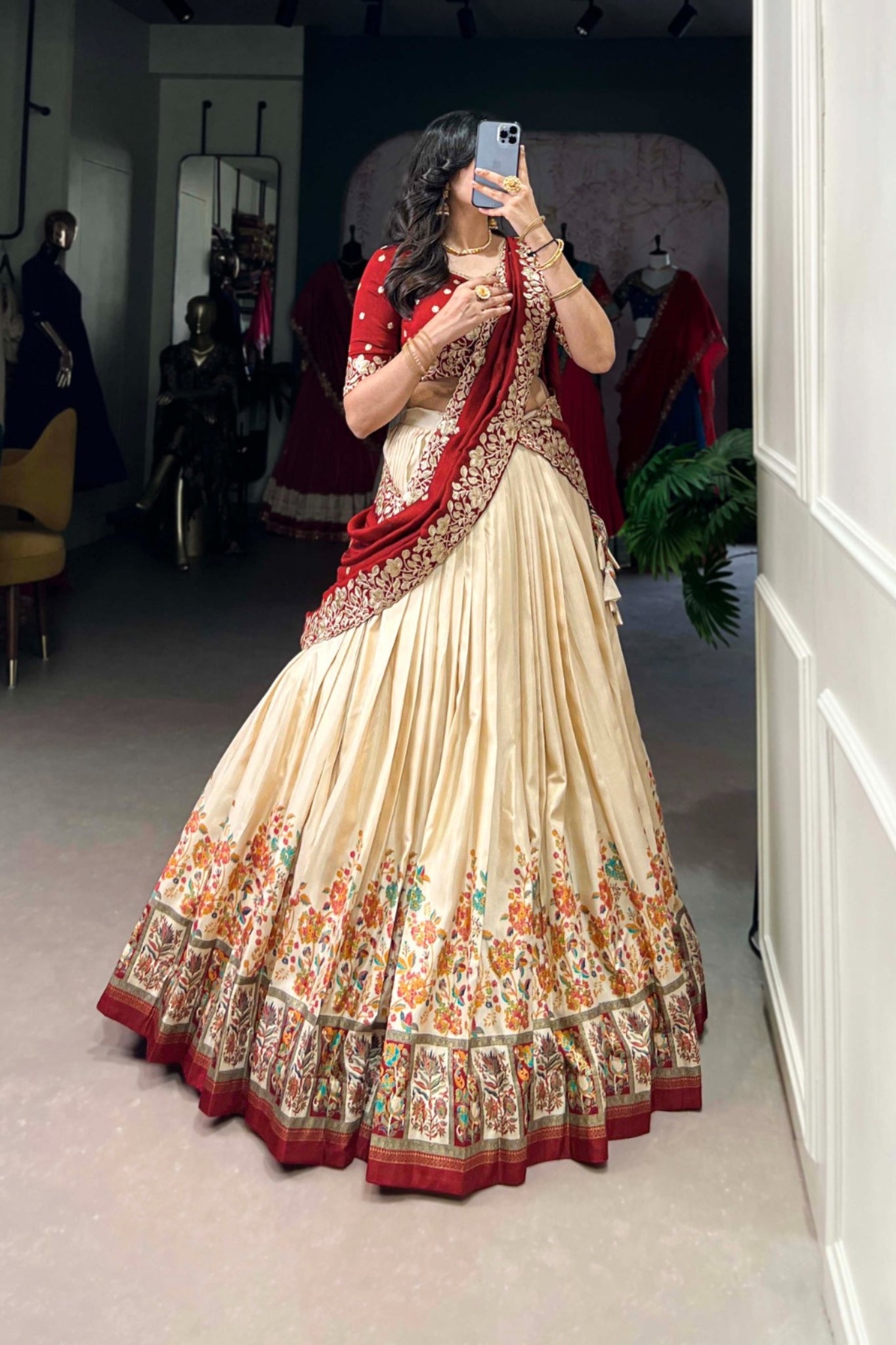 Designer Tussar Silk Printed Lehenga Set With Embroidered Blouse And Dupatta