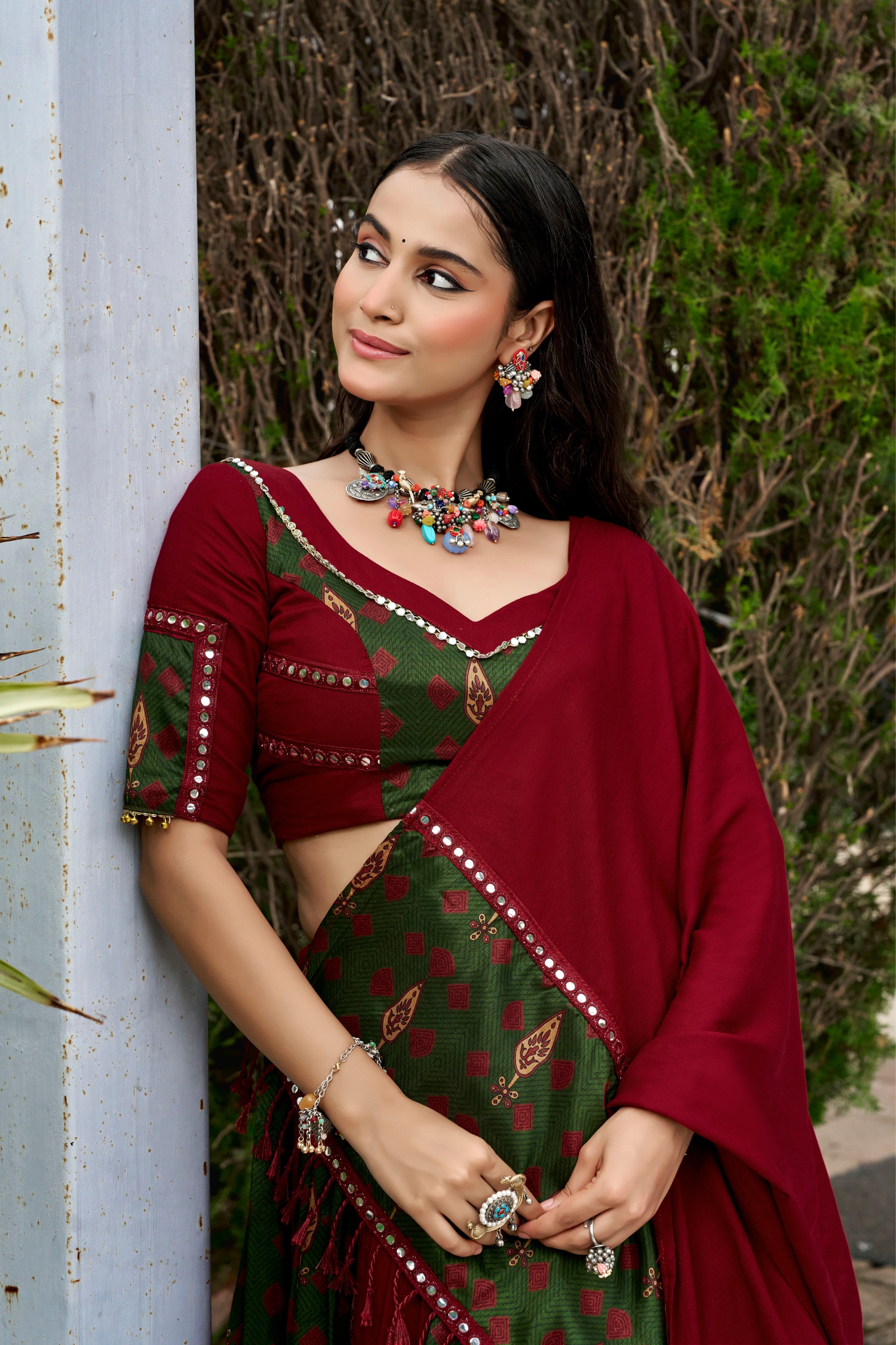 Navratri Special Raasrang Designer Maroon & Green Ajrakh Print PureRayon Lehenga Choli