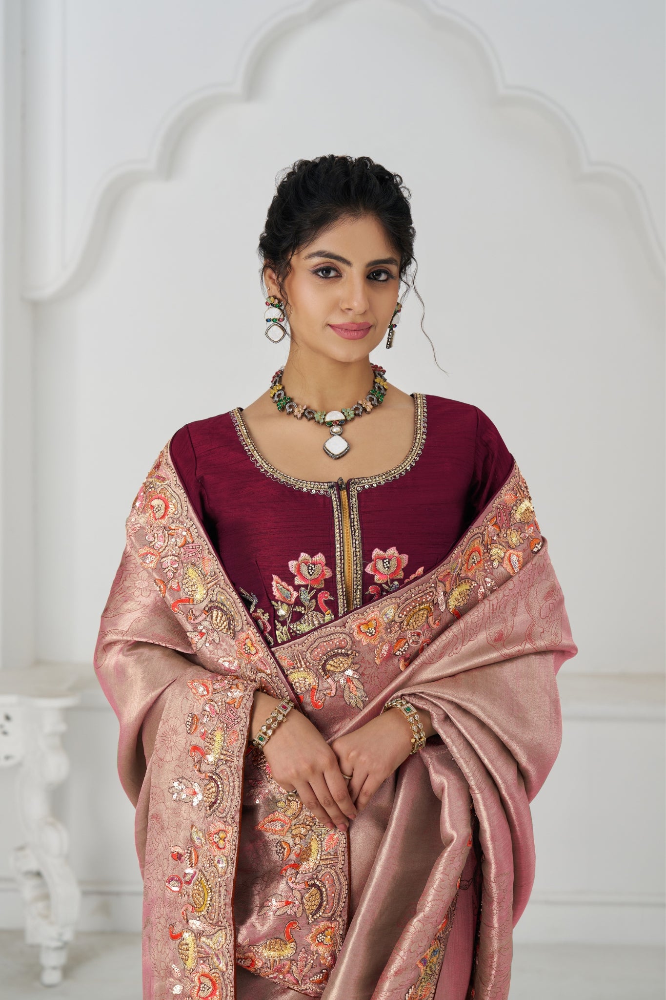 Pink Luxury Wedding Saree With Multi-Thread Bead Embroidery & Sequin Work