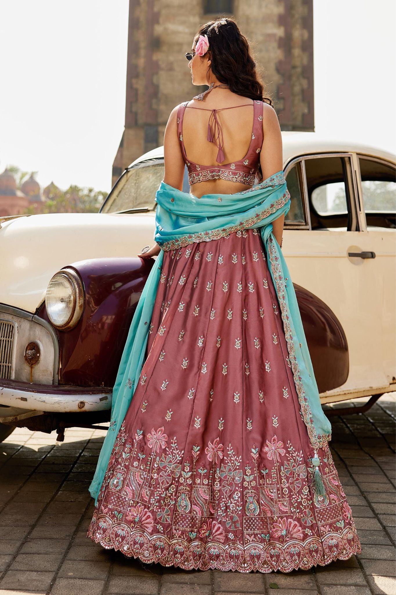 Dusty Rose Rangoli Silk Designer Lehenga Choli With Aqua Blue Embroidered Dupatta