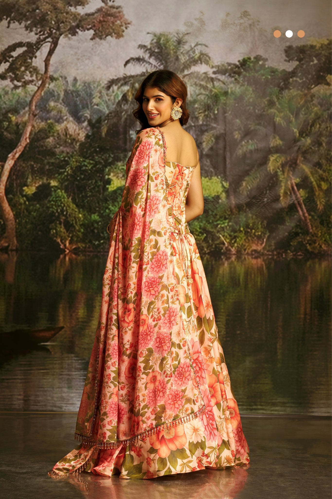 Peach Handwork Designer Corset Lehenga Set With Floral Prints