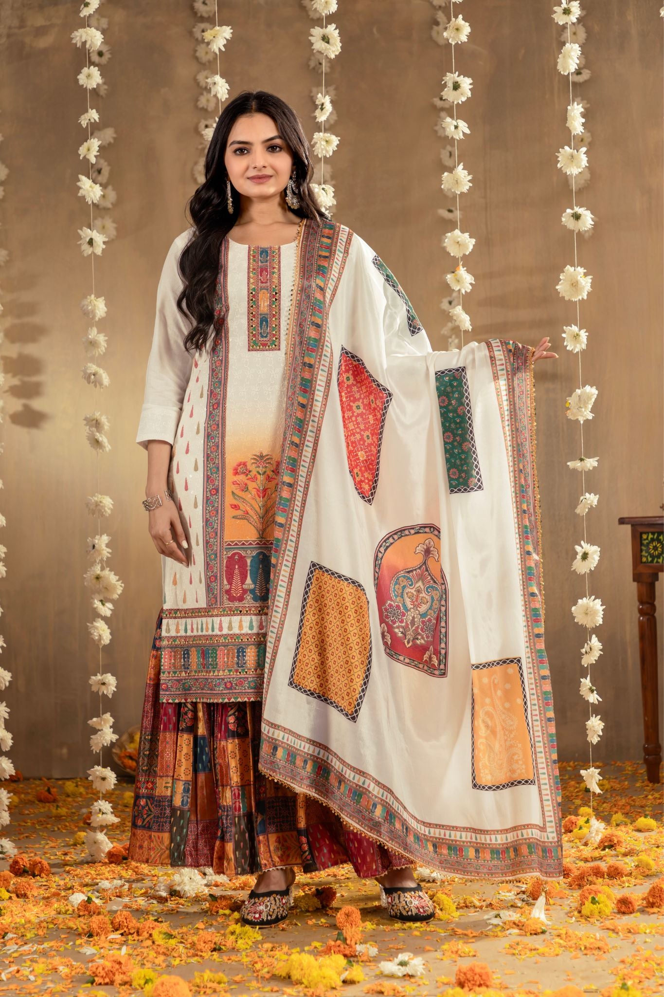 Stunning Printed With Mirror Sifali Work Cotton Sharara Set
