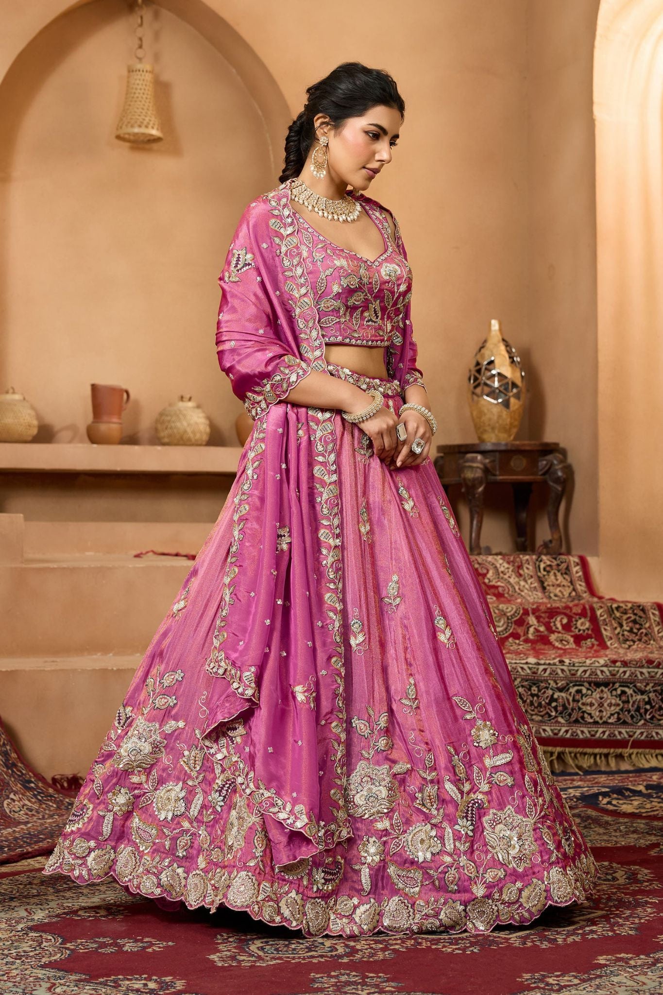 Rani Pink Pure Tissue Designer Lehenga Choli With Heavy Sequins & Thread Embroidery Work