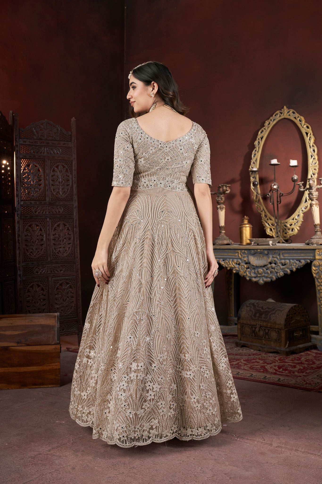Charming Chiku Color Thread Embroidery With Zarkan And Mirror Work Gown