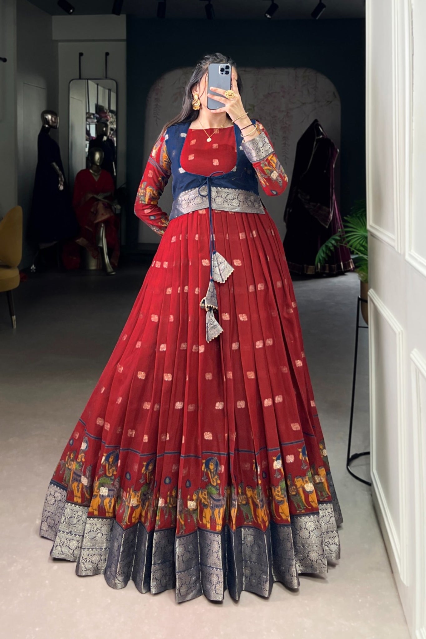 Kalamkari Printed Poly Cotton Zari Weaving Work Designer Gown
