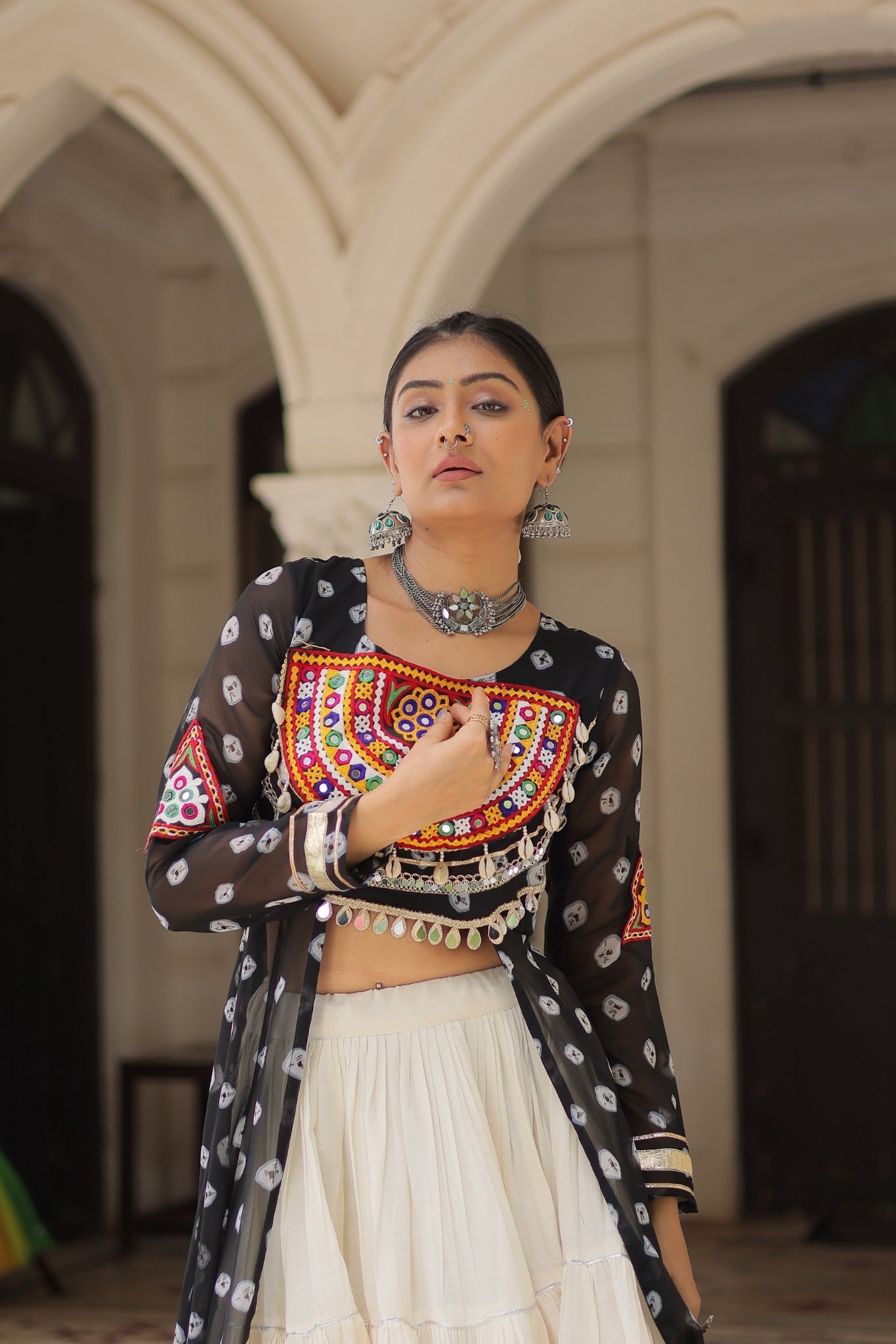 Kora Cotton Stylish Frill Stitching Beautiful Navratri Lehenga With Bandhani Printed Kurti