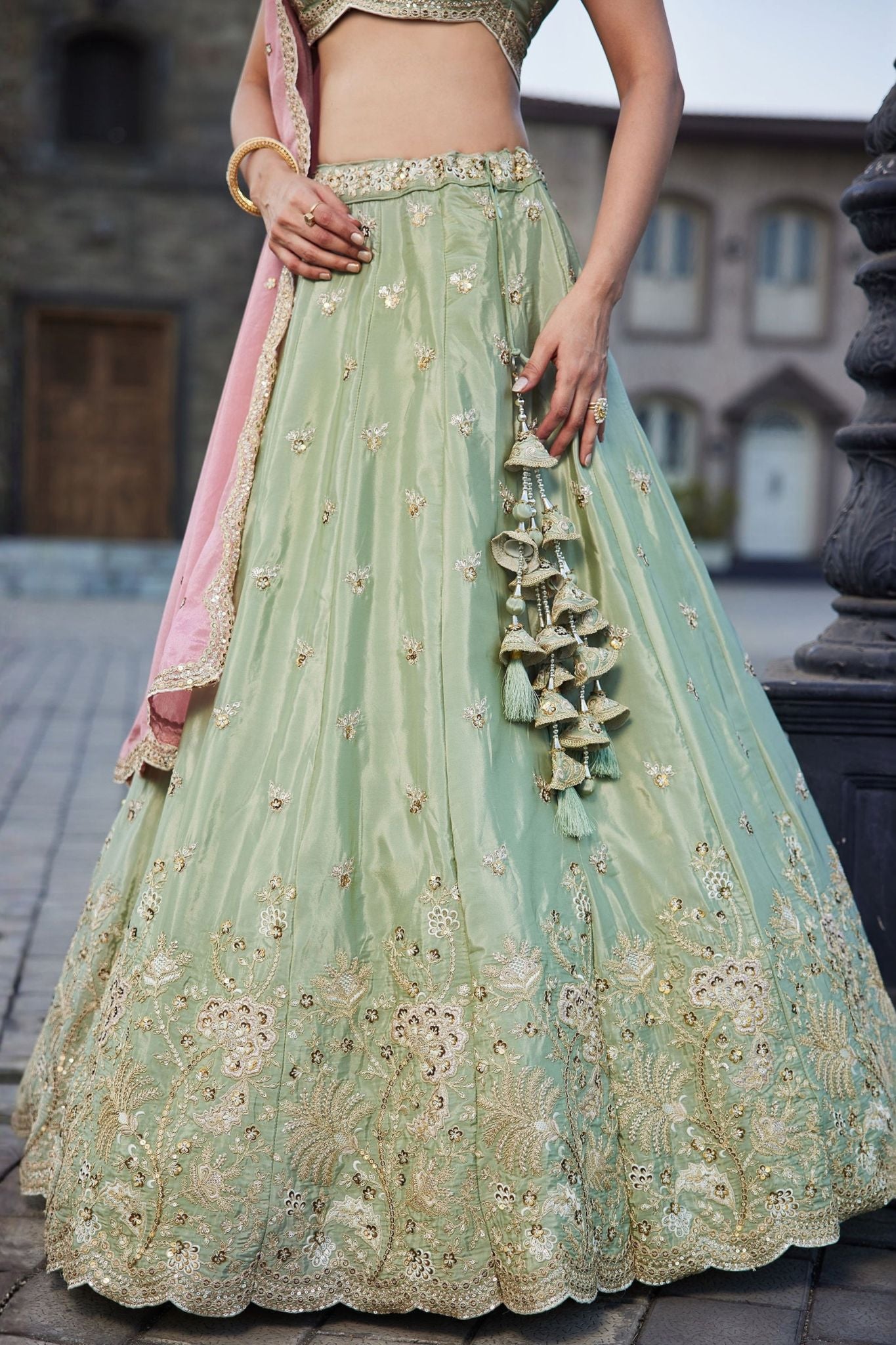 Pista Green Designer Art Silk Lehenga Choli With Zari Sequins & Dori Embroidery Work