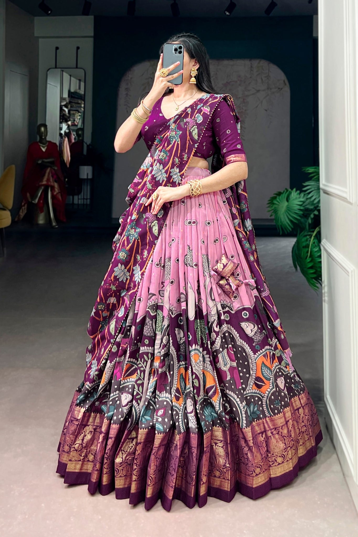 Kalamkari Print With Foil Work Lehenga Choli