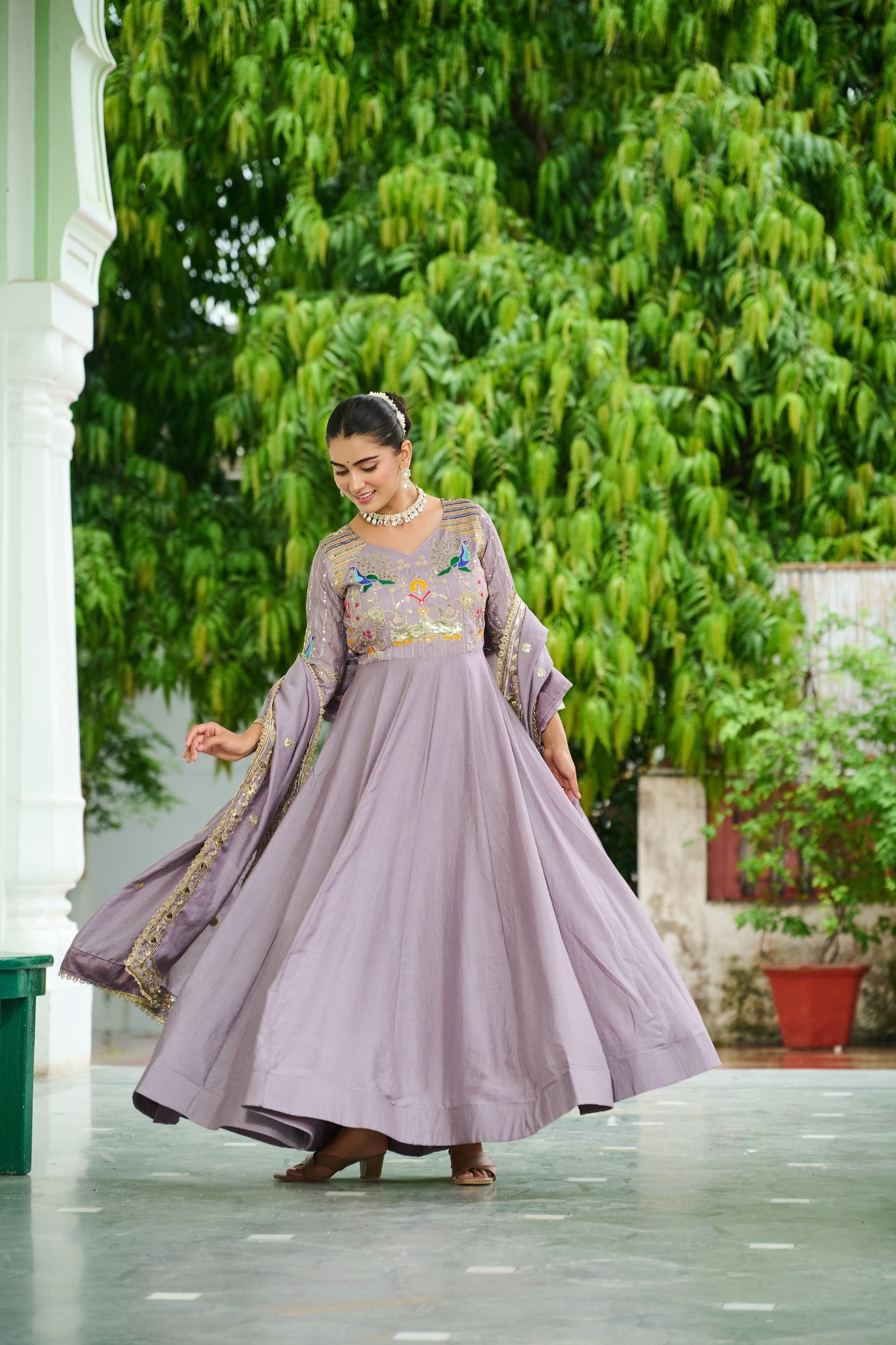 Premium Vichitra Silk Embroidered Gown With Sequins And Zari Work