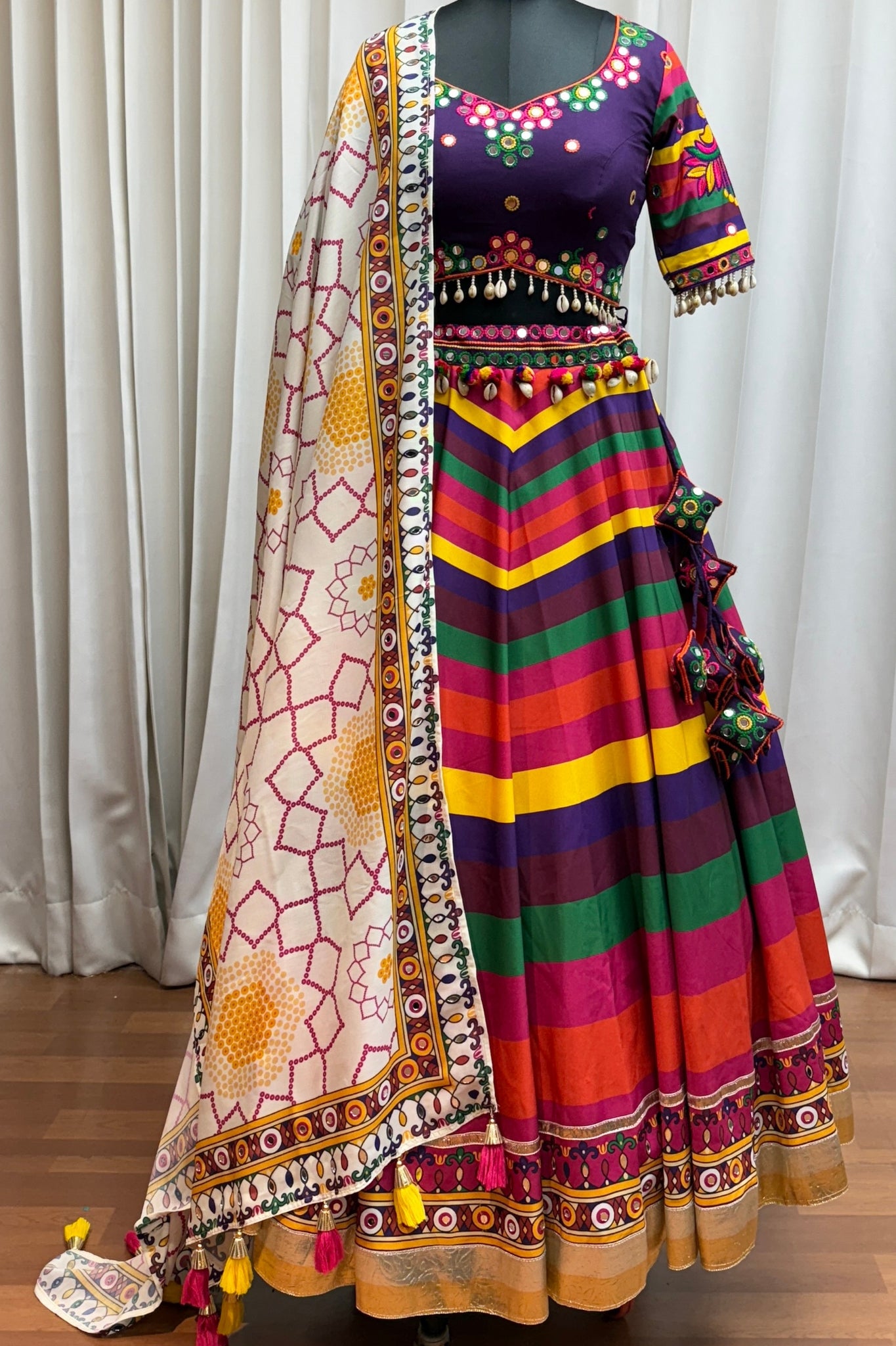Multi Color Muslin Designer Stunning Print With Mirror Work Navratri Lehenga Choli