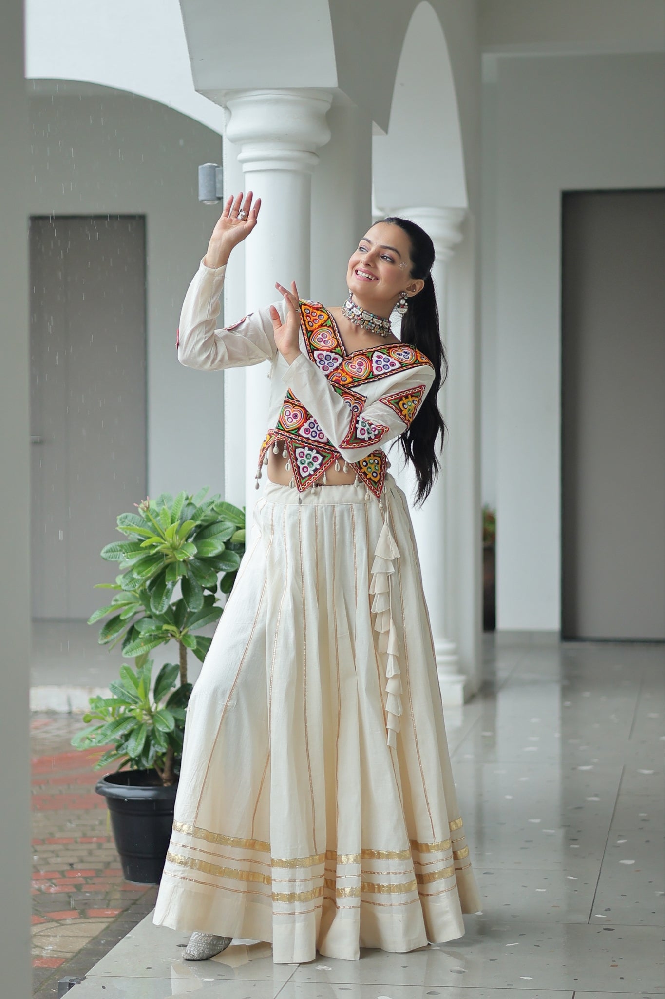 Off White Cotton Kutchi Gamthi Work With Gota Patti Lace Touch up Navratri Designer Lehenga choli