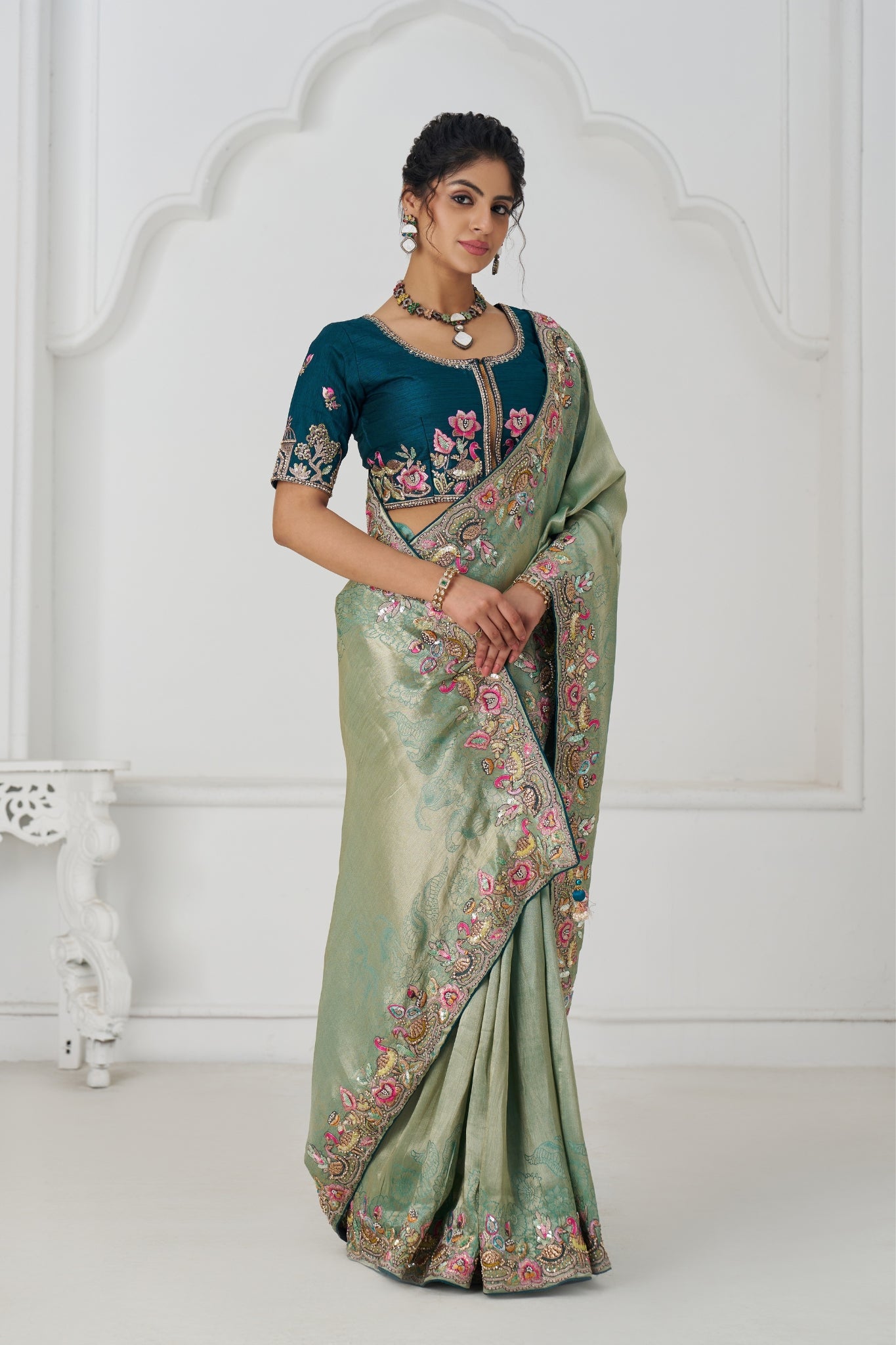 Green Luxury Wedding Saree With Multi-Thread Bead Embroidery & Sequin Work