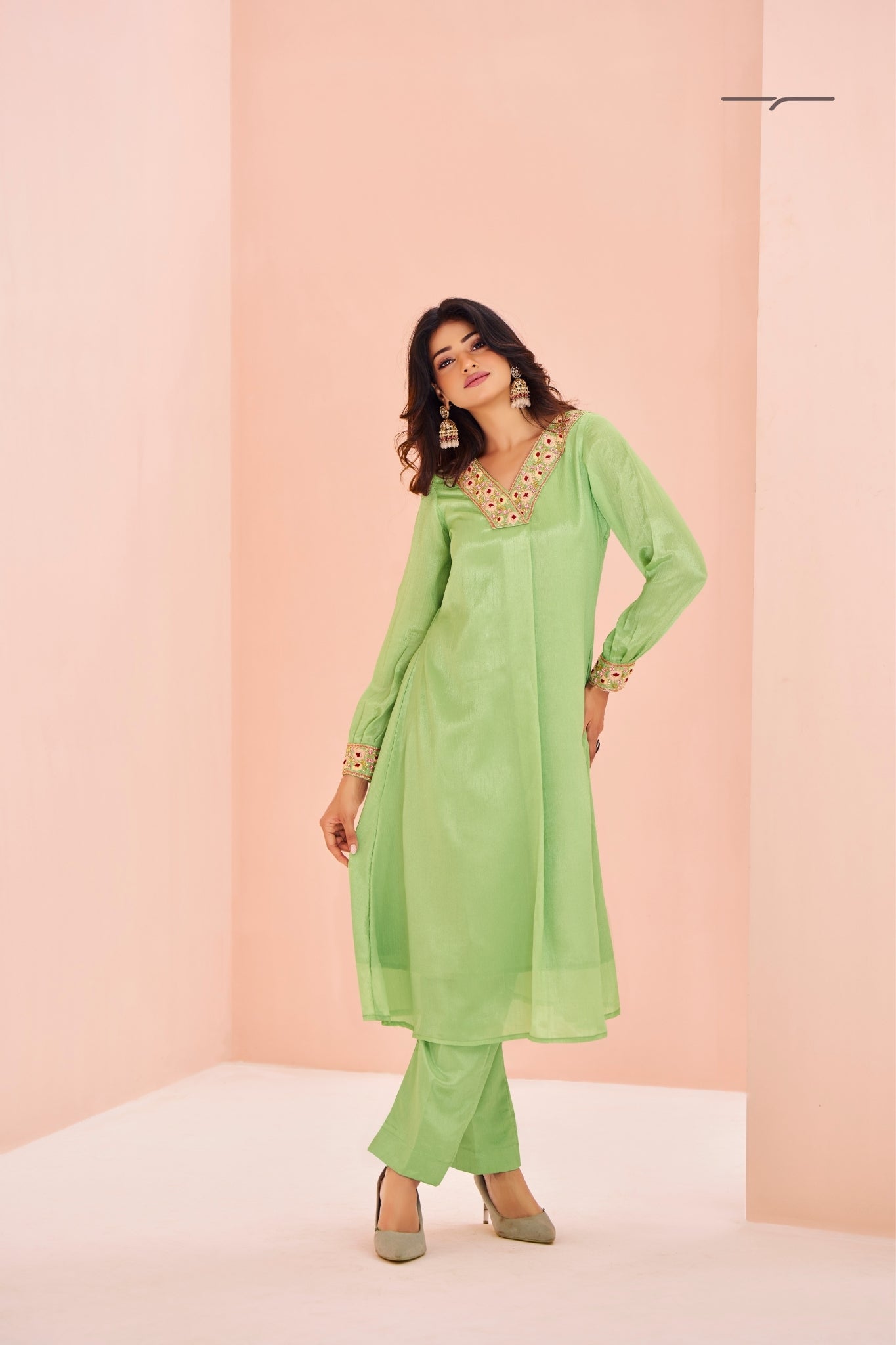Premium Green Chinon Handwork Kurta Set for Festive & Wedding Wear