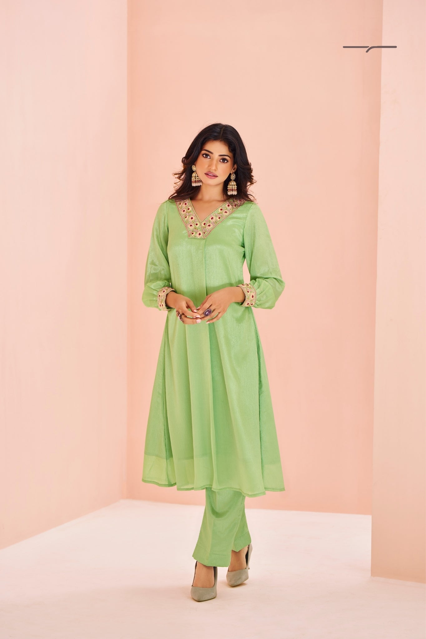 Premium Green Chinon Handwork Kurta Set for Festive & Wedding Wear