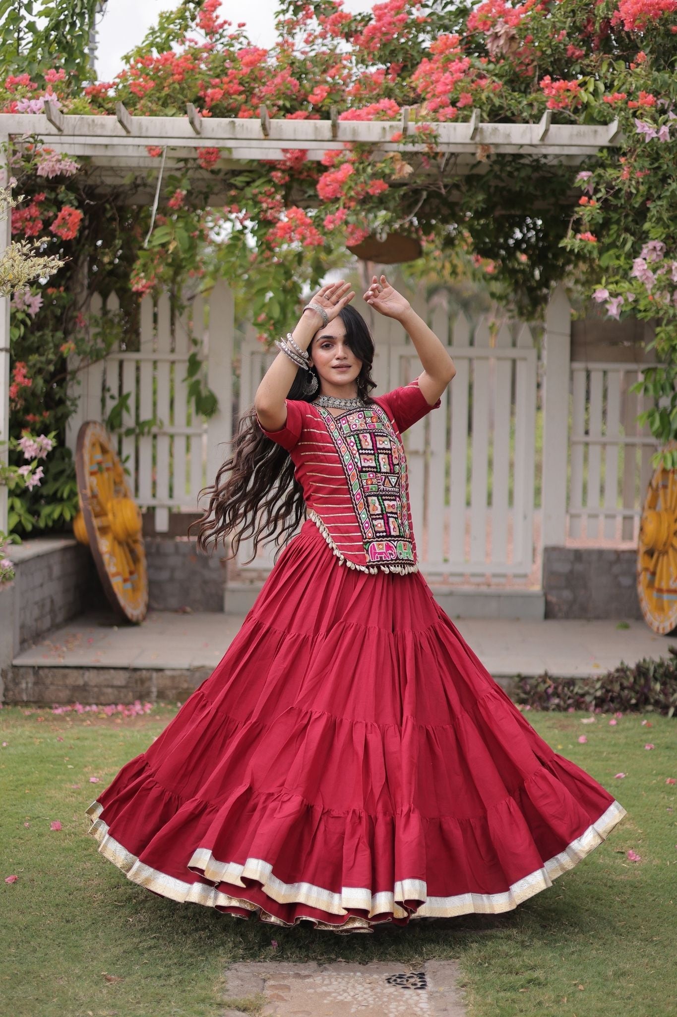 Raasrang Premium Kora Cotton Kutchi Patchwork Navratri Festival Lehenga Choli For Women