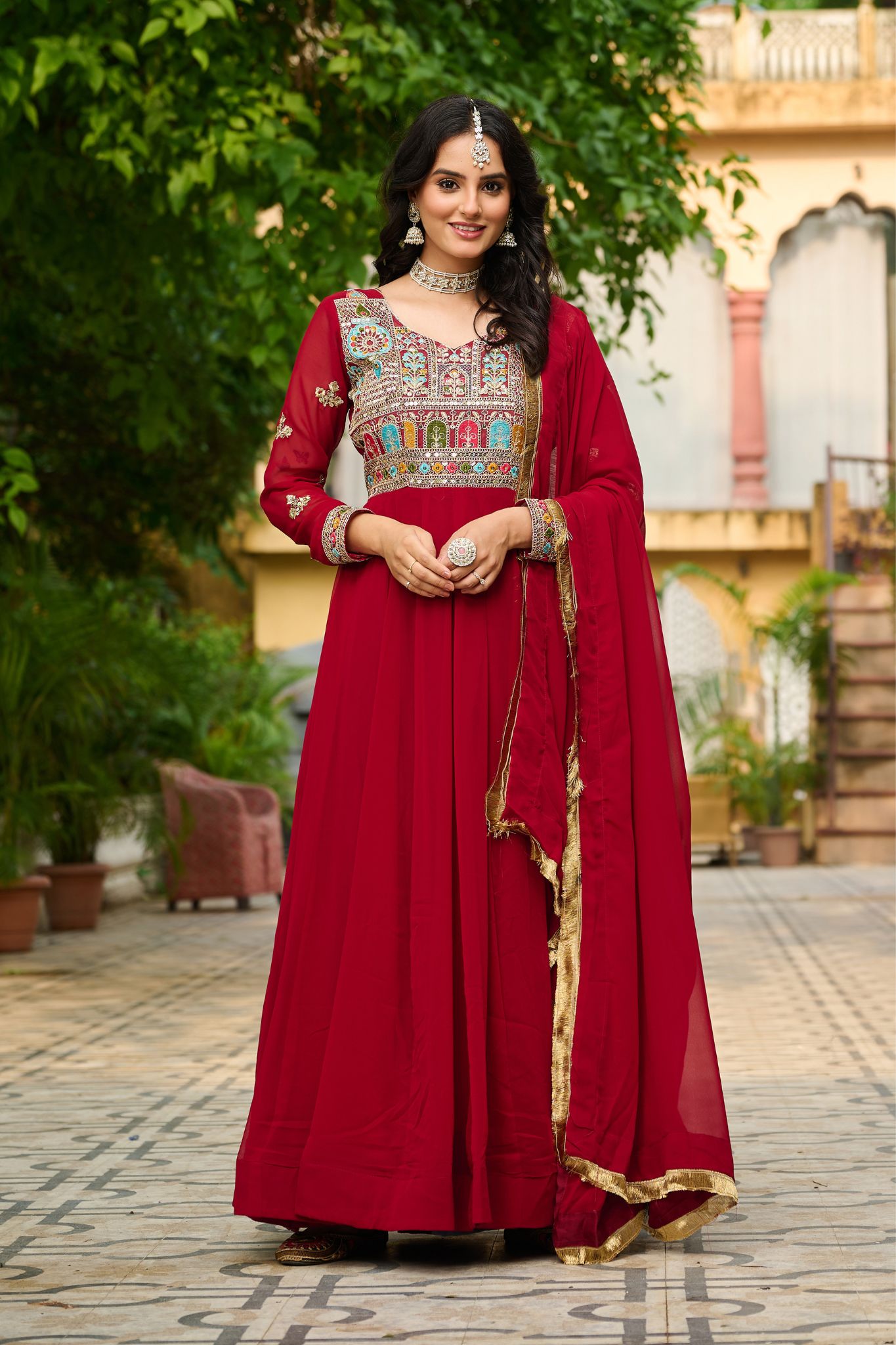 Ethnic Stylish Crafted Multi Thread Embroidered Work Gown With Dupatta Set