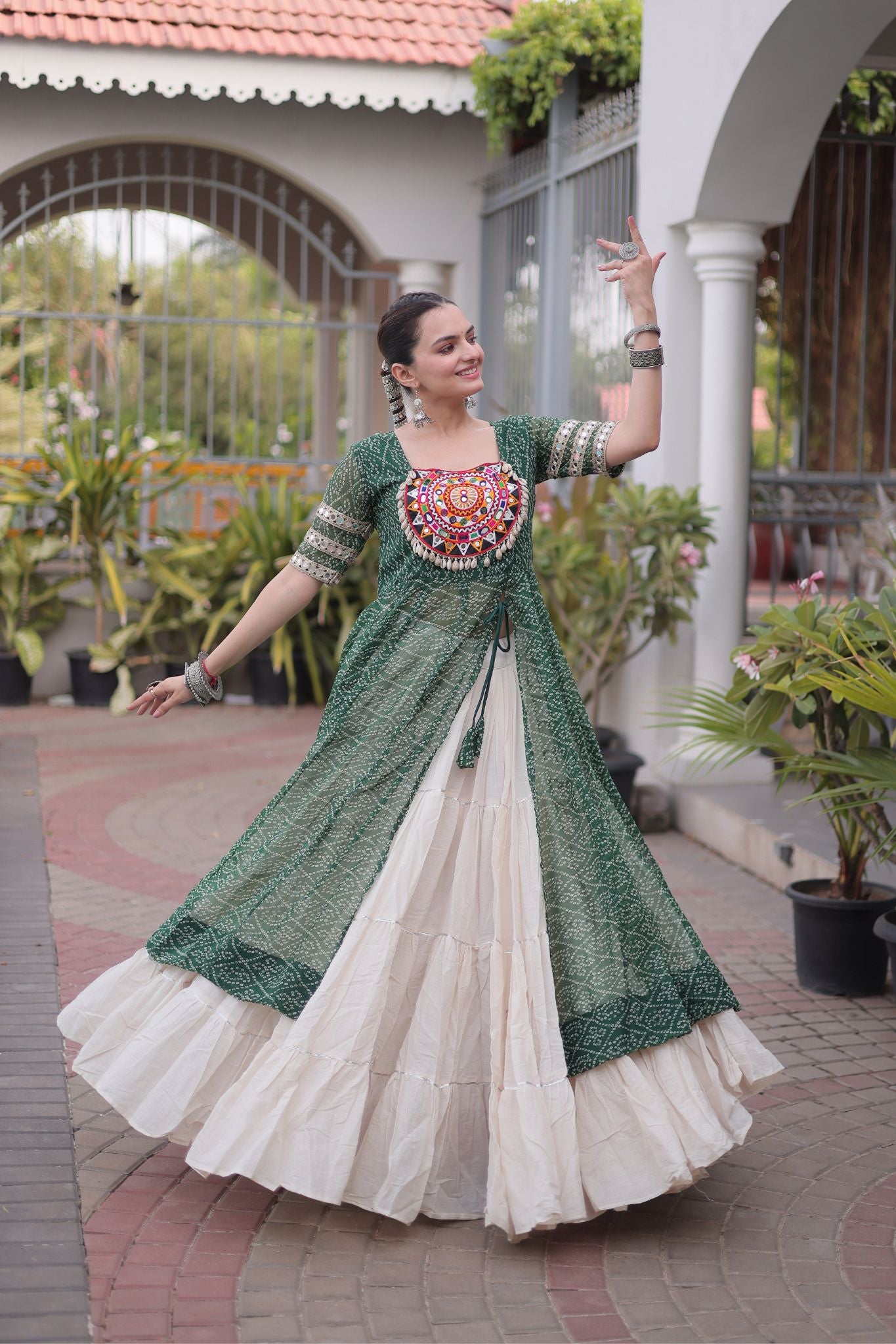 Raasrang Navratri Designer Kora Cotton Lehenga With Kutchi Patchwork Bandhani Print Kurti For Garba & Dandiya