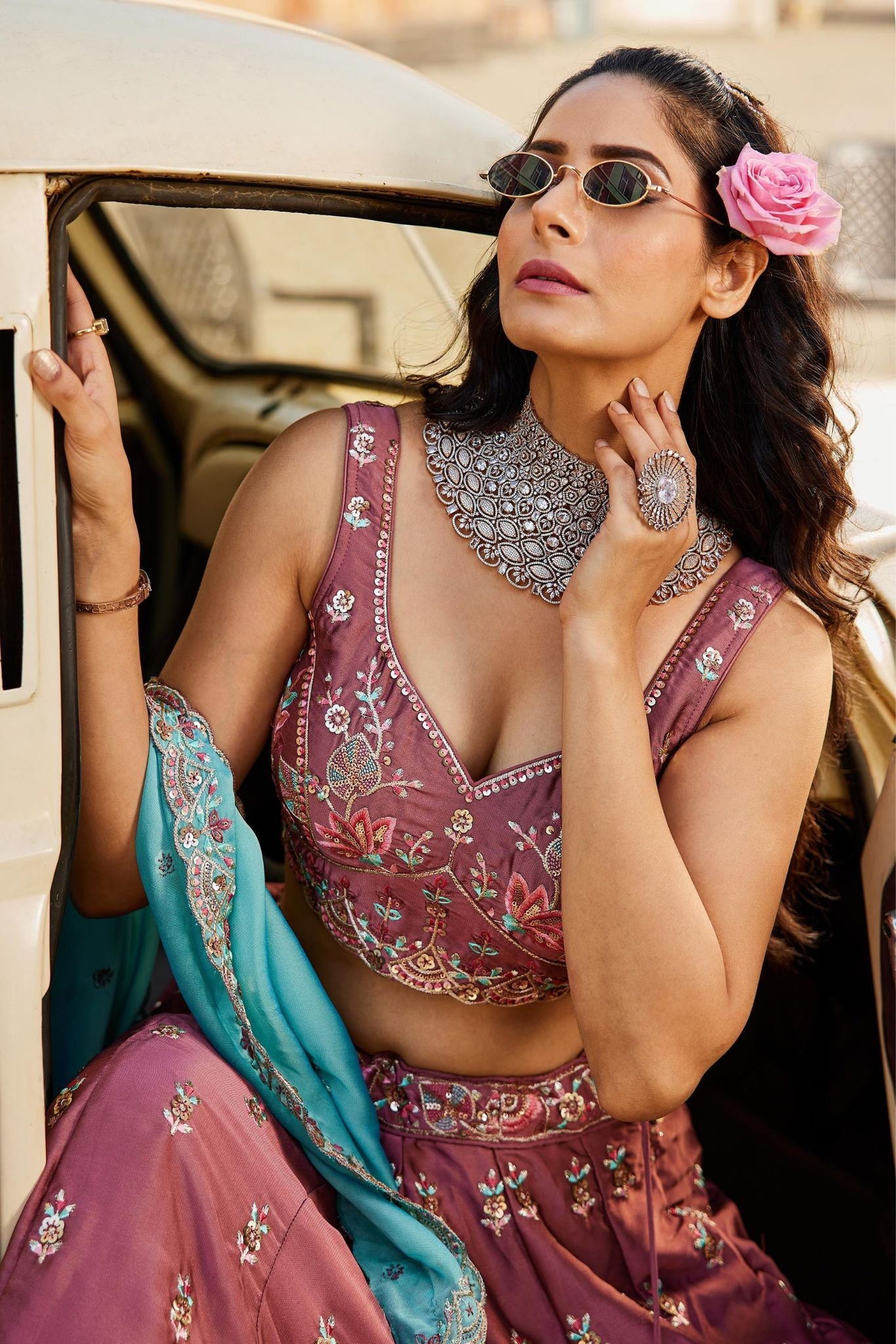 Dusty Rose Rangoli Silk Designer Lehenga Choli With Aqua Blue Embroidered Dupatta