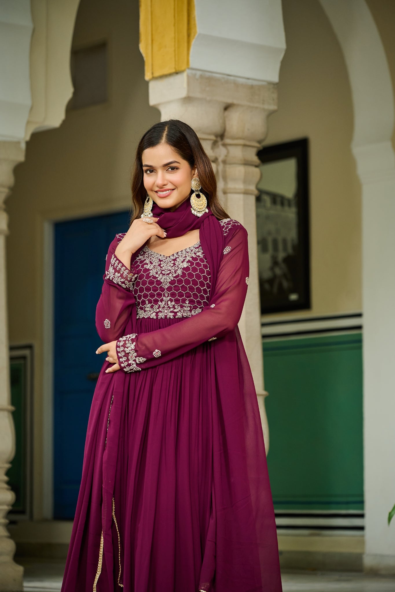 Wine Bloom Elegance The Royal Beaded Designer Gown