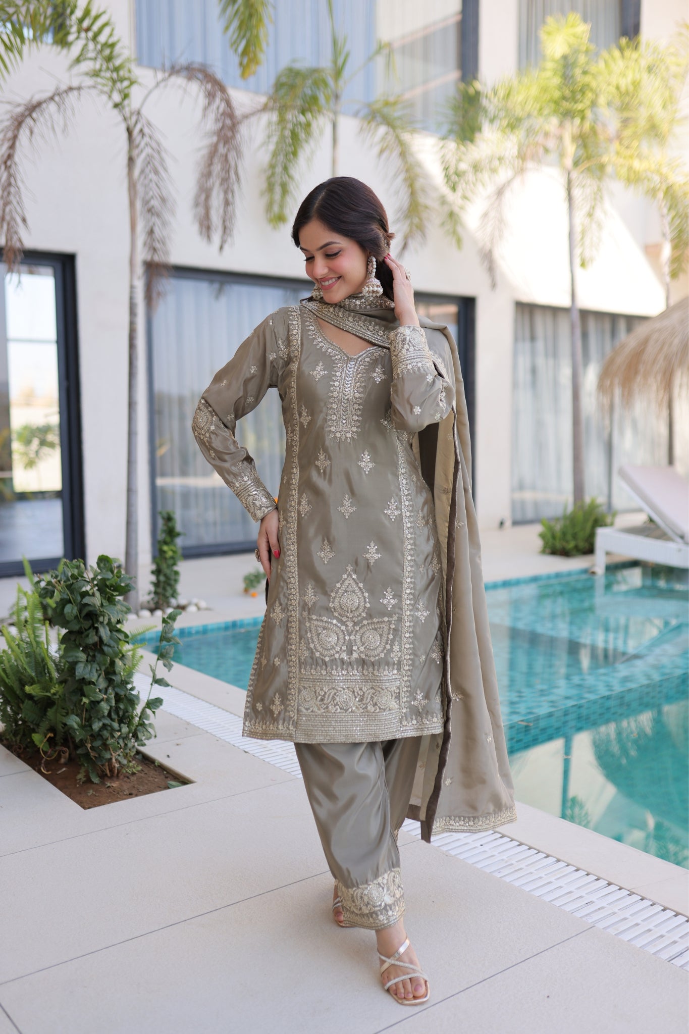 Luxury Ho Silk Designer Multi With Thread Embroidery Suit Set