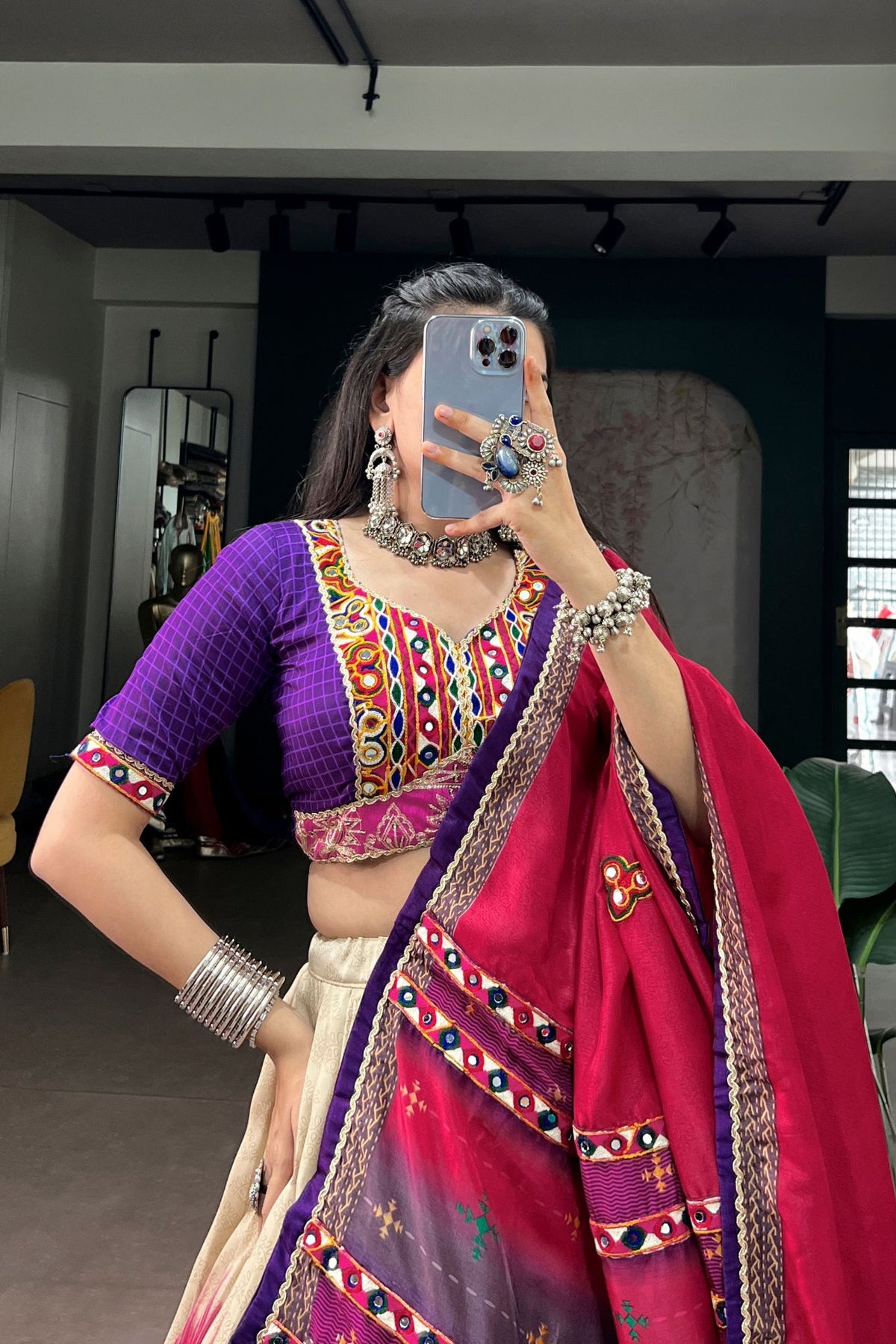 Tasar Silk Tie & Dye With Gamthi Work Navratri Lehenga Choli