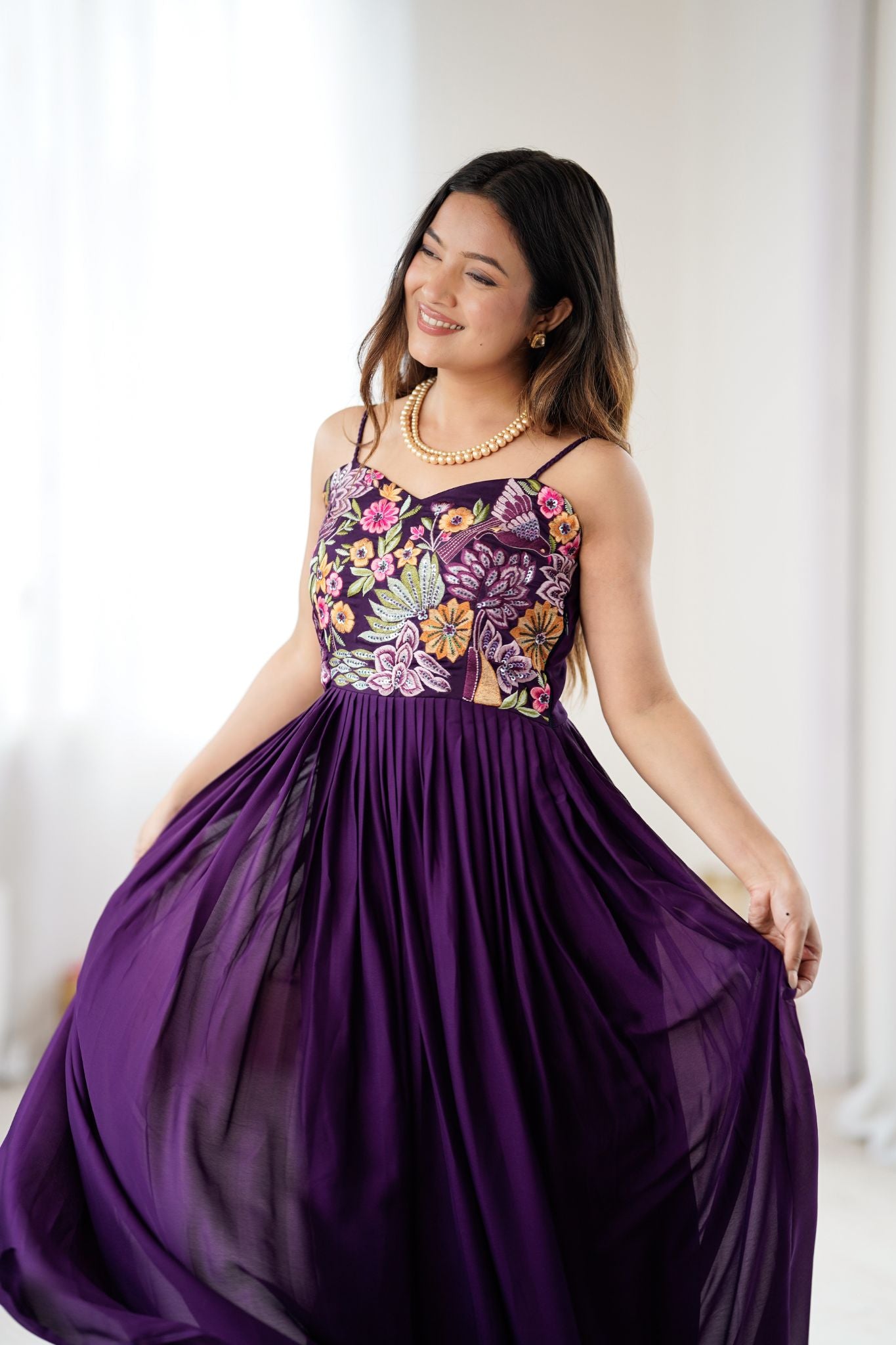 Purple Floral Embroidered Designer Pure Georgette Gown For Women
