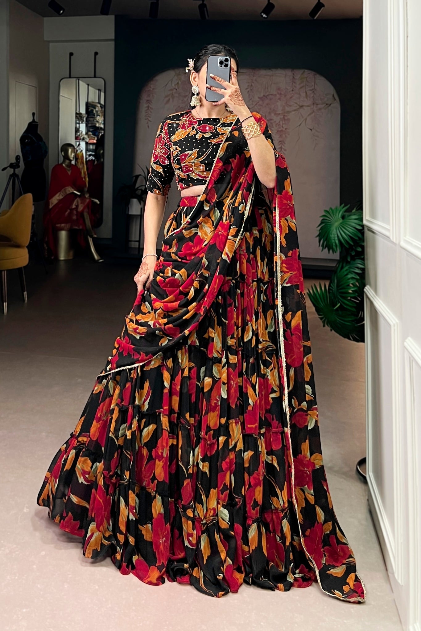 Floral Marble Print Lehenga Choli Set For Women