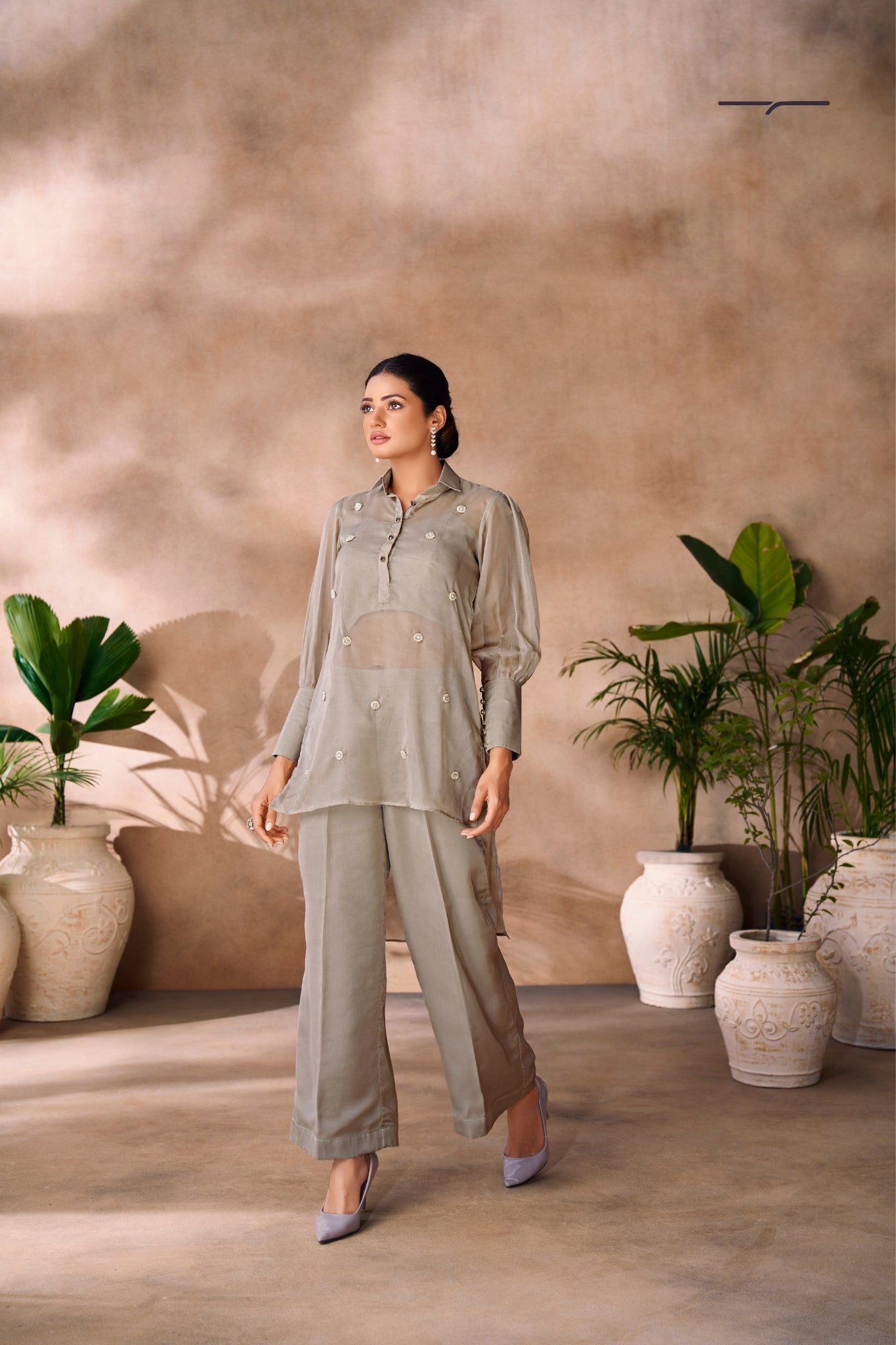 Serene Grey Handwork Organza Co Ord Set