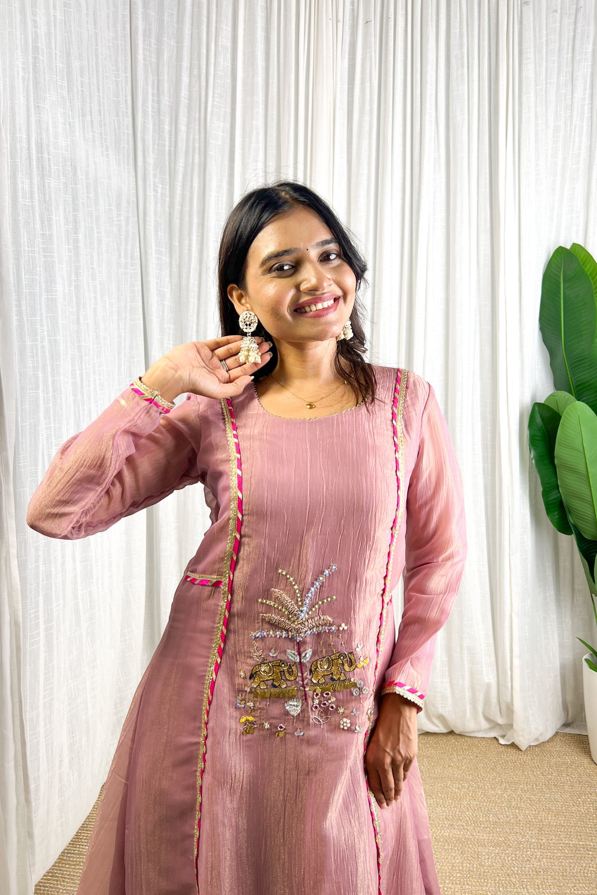 Dusty Pink Handmade Designer Elephant & Palm Handwork Festive Kurta Set For Women