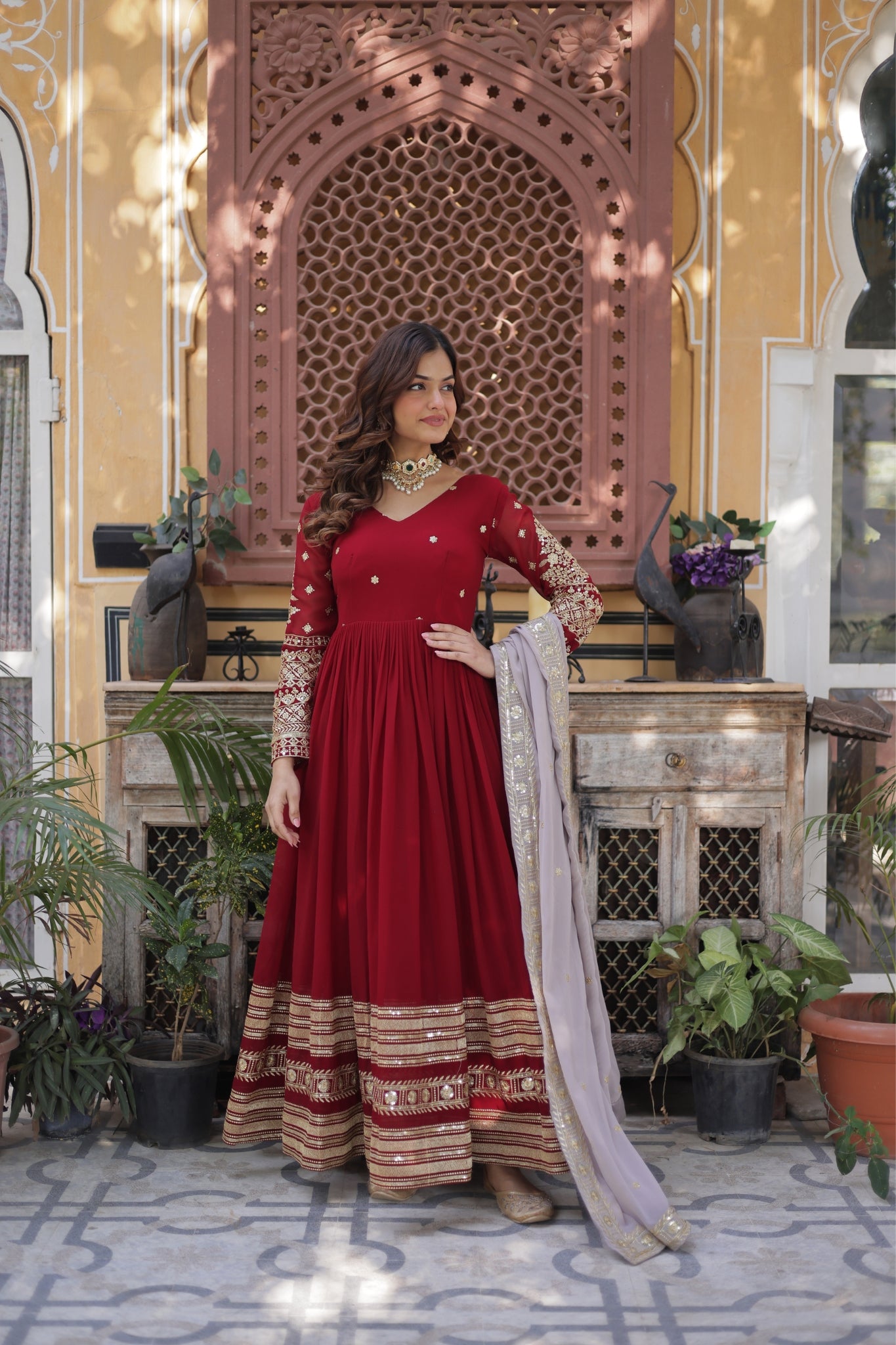 Traditional Maroon Embroidery Sequins Work Anarkali Suit Set