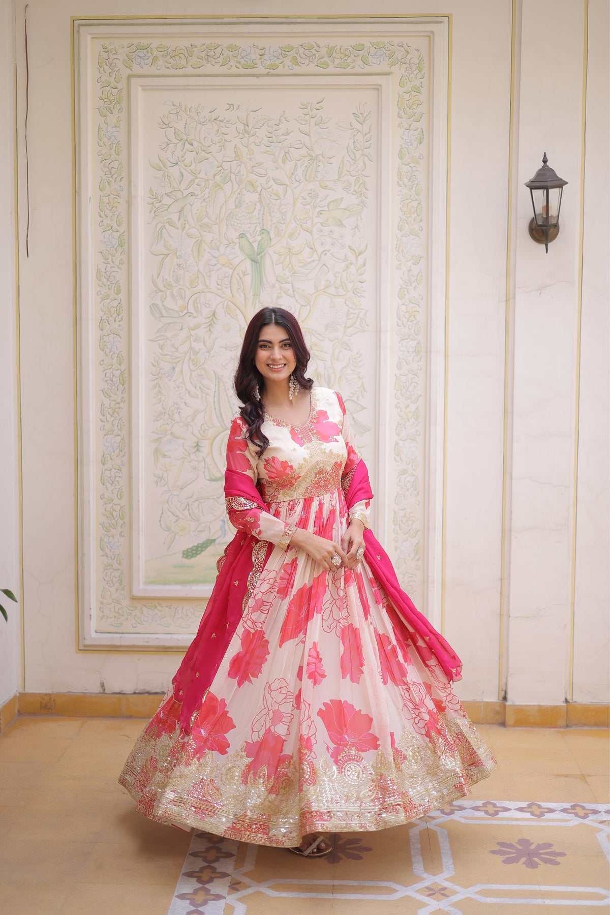 Designer Pink Floral Anarkali Gown with Dupatta Set