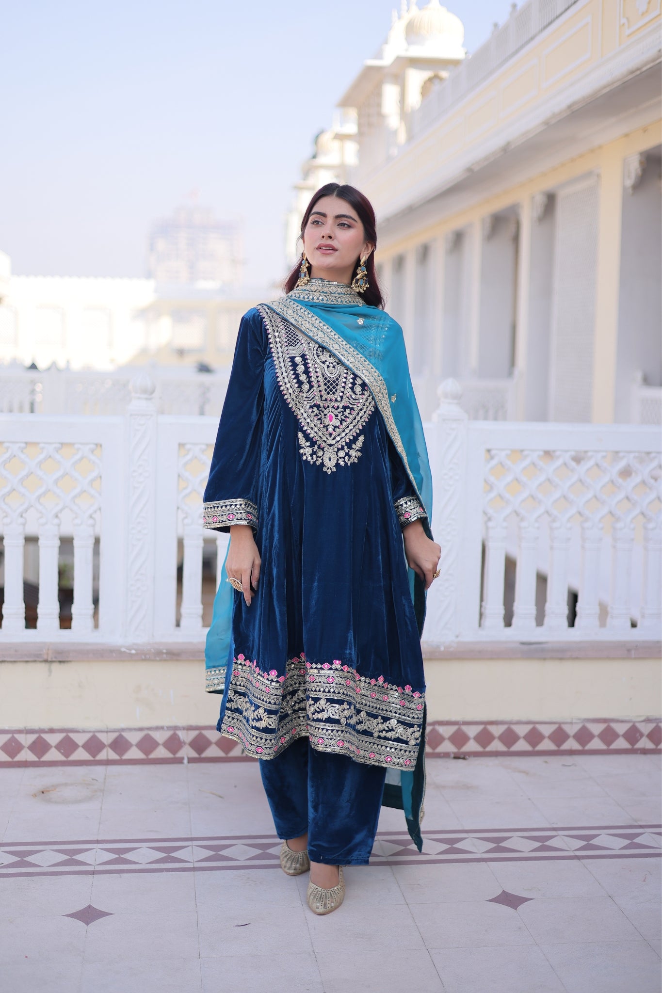 Designer Velvet Kurta Suit With Rich Zari And Thread Embroidery