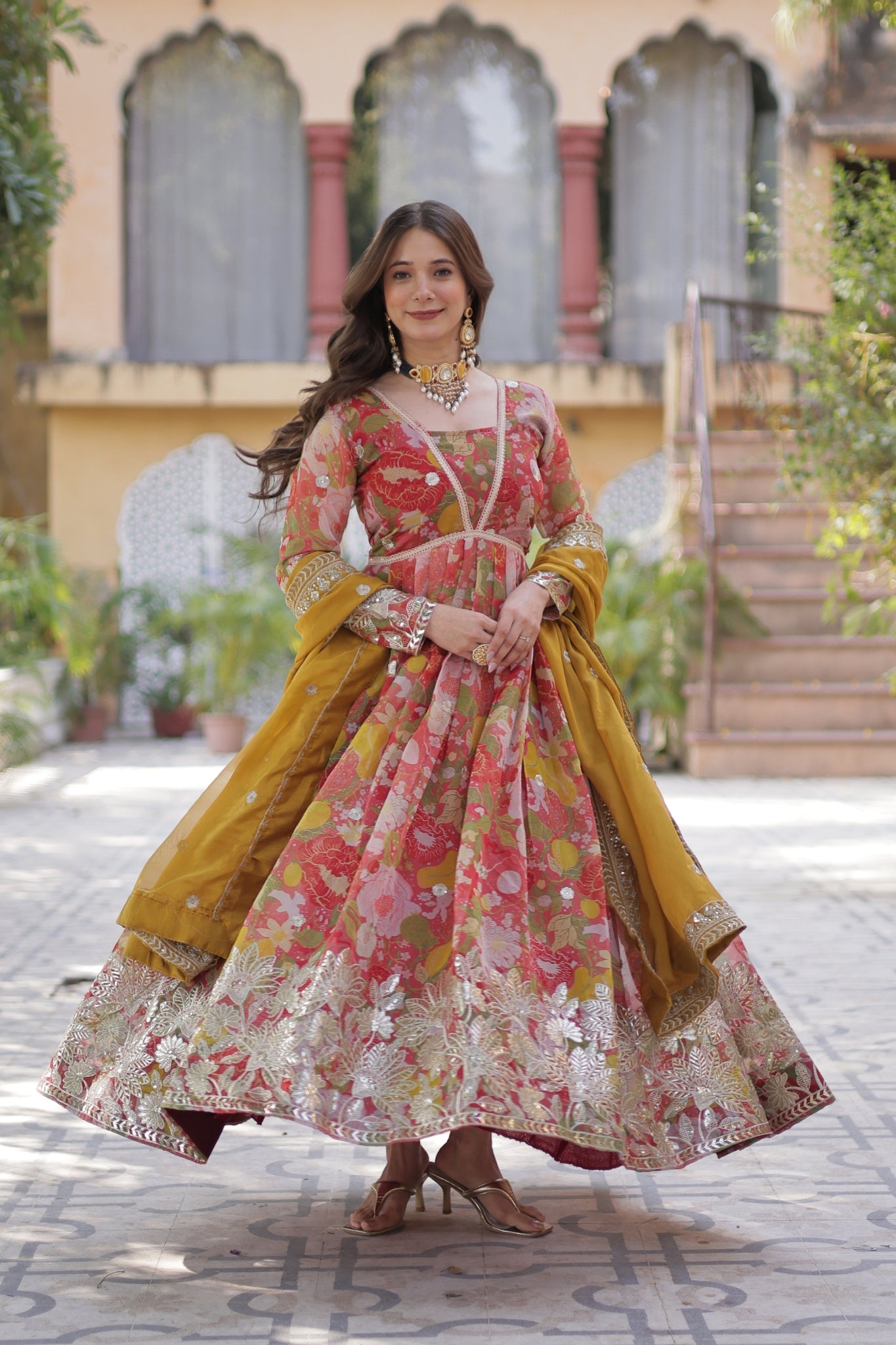 Designer Printed Gold Sequins Embroidered Work Anarkali Gown