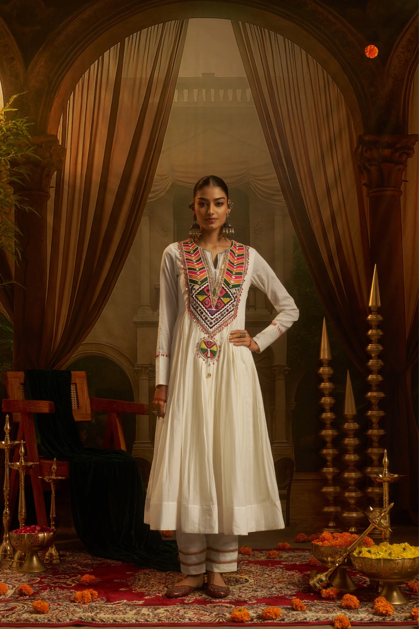 White Mul Cotton Hand embroidered Mirror Work Anarkali Set For Women